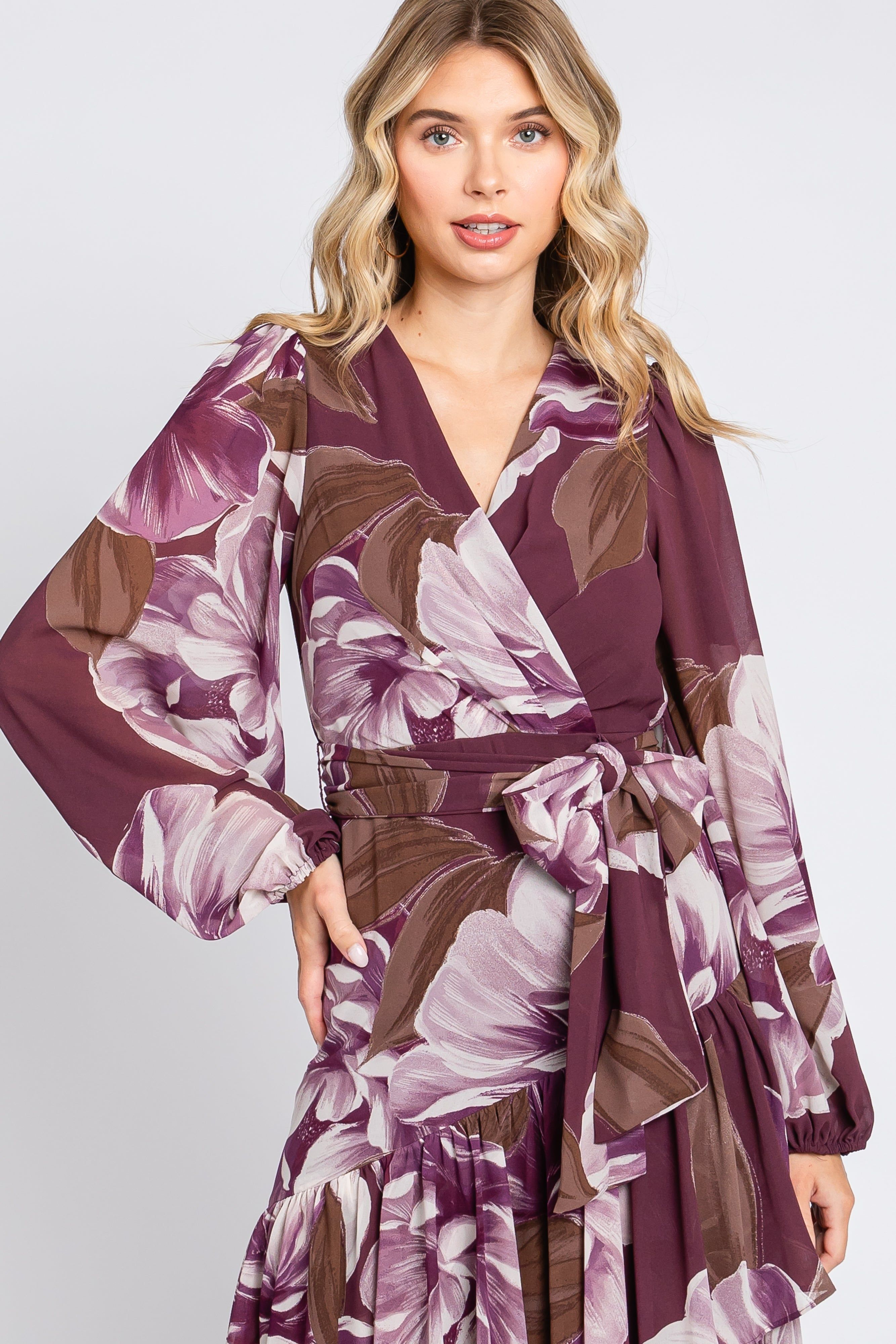 Plum Floral Chiffon Wrap Front Ruffle Midi Dress sold by Pinkblush product image thumbnail 4