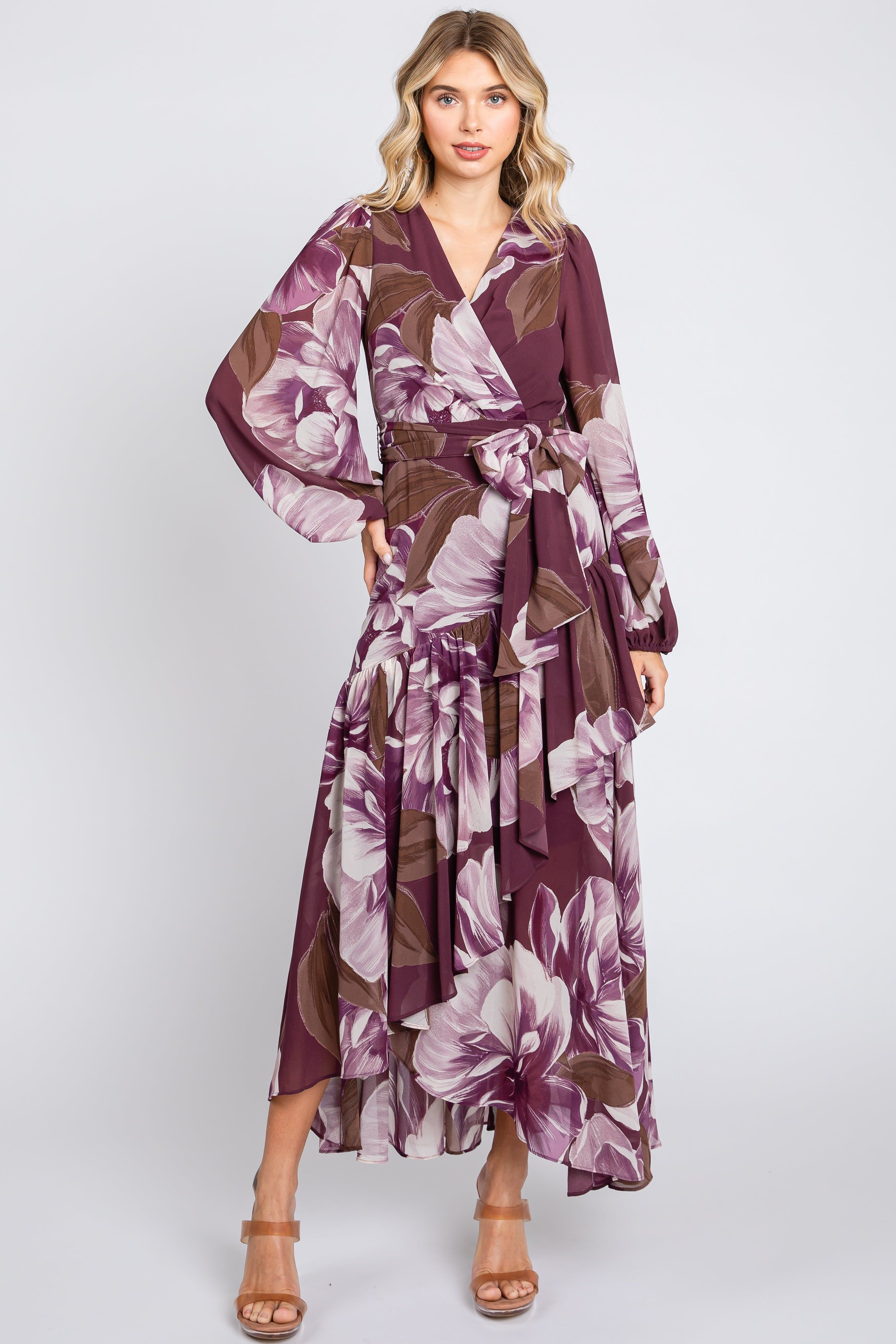 Plum Floral Chiffon Wrap Front Ruffle Midi Dress sold by Pinkblush