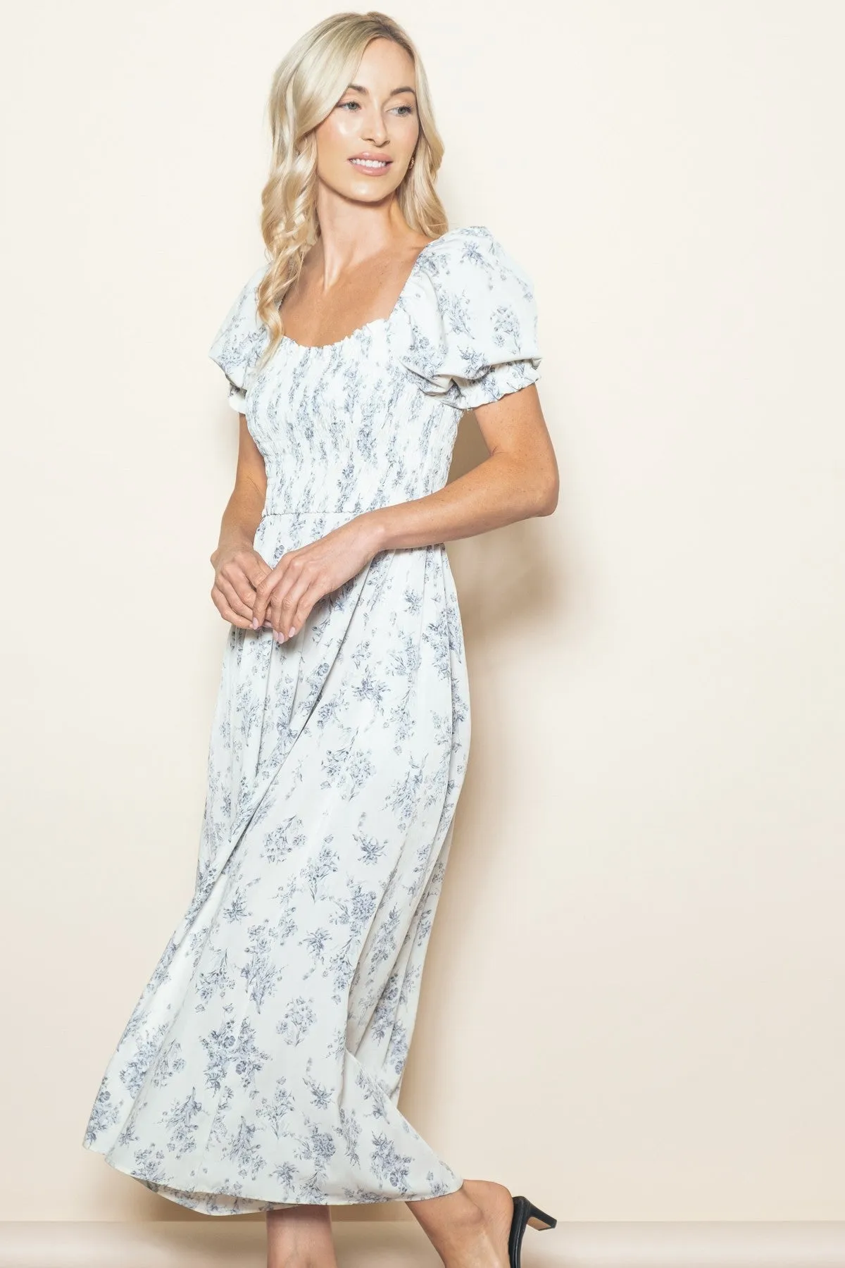 Ivory Floral Smocked Sweetheart Neckline Midi Dress sold by Pinkblush product image thumbnail 2