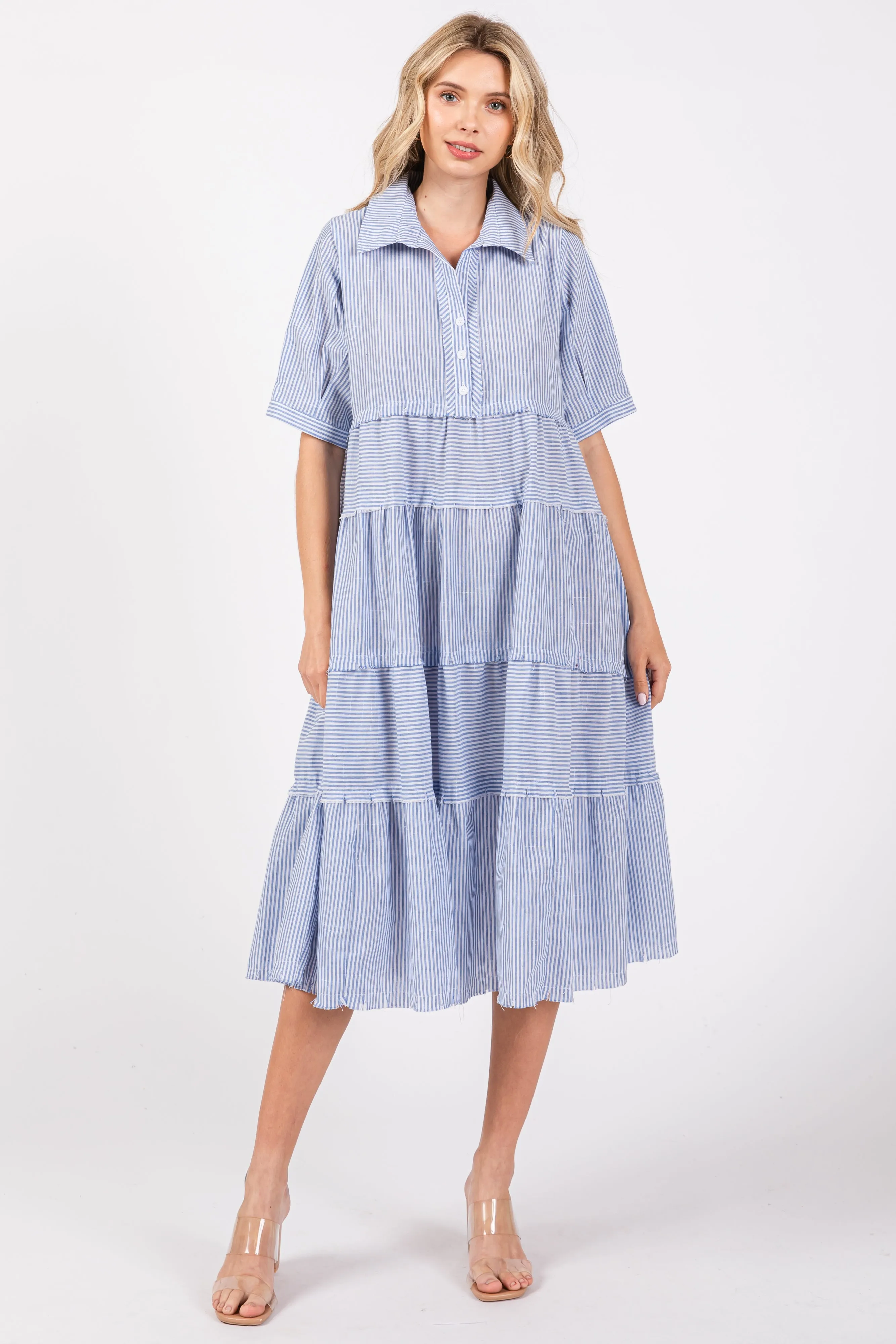 Blue Striped Tiered Raw Hem Midi Dress sold by Pinkblush