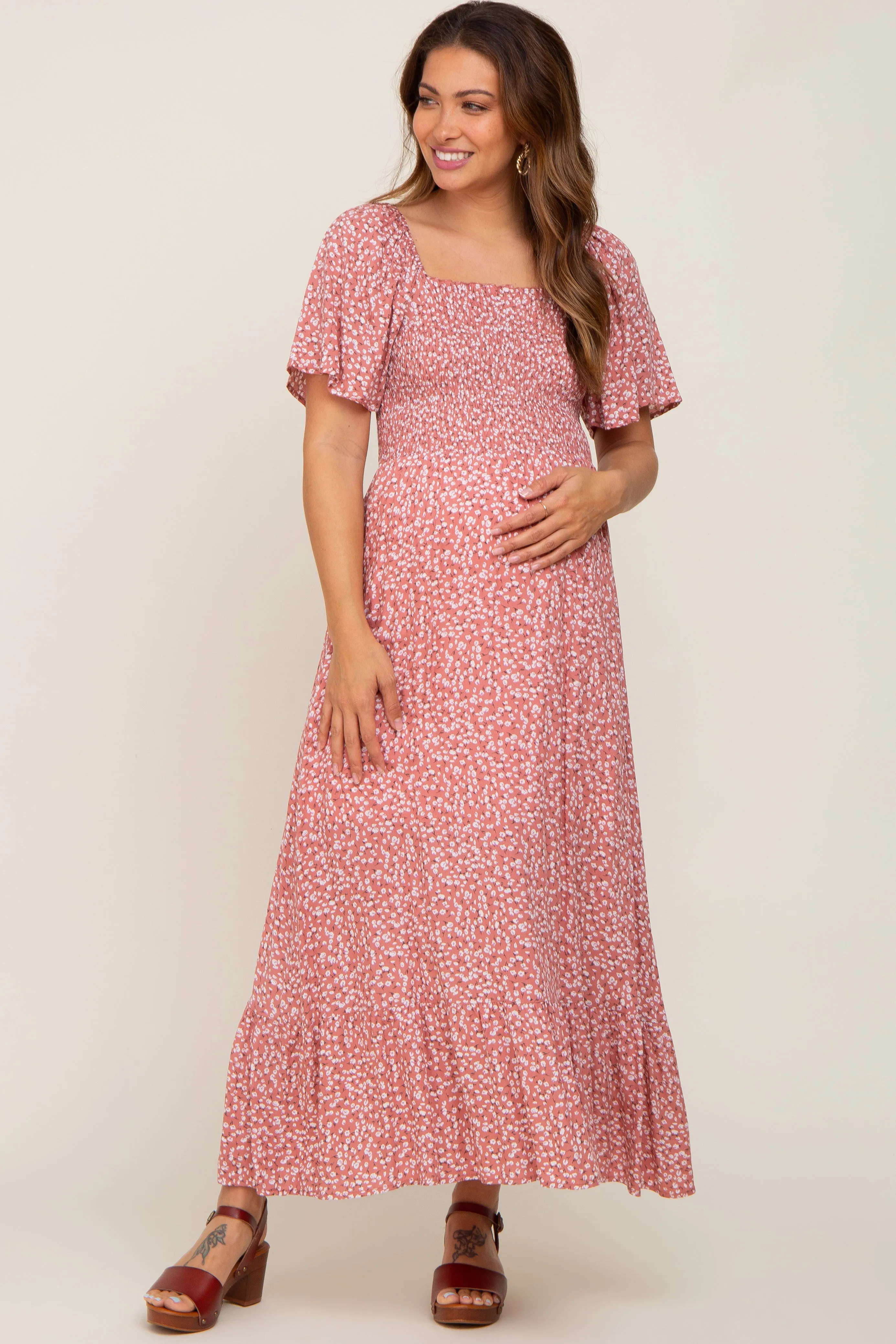 Mauve Floral Smocked Flounce Sleeve Maternity Maxi Dress sold by Pinkblush product image thumbnail 5
