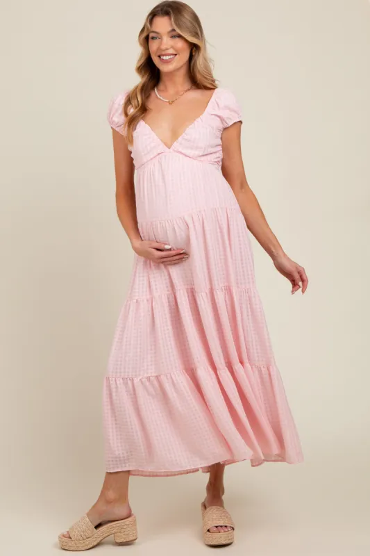 Pink Gingham Sleeveless Tiered Maternity Maxi Dress sold by Pinkblush