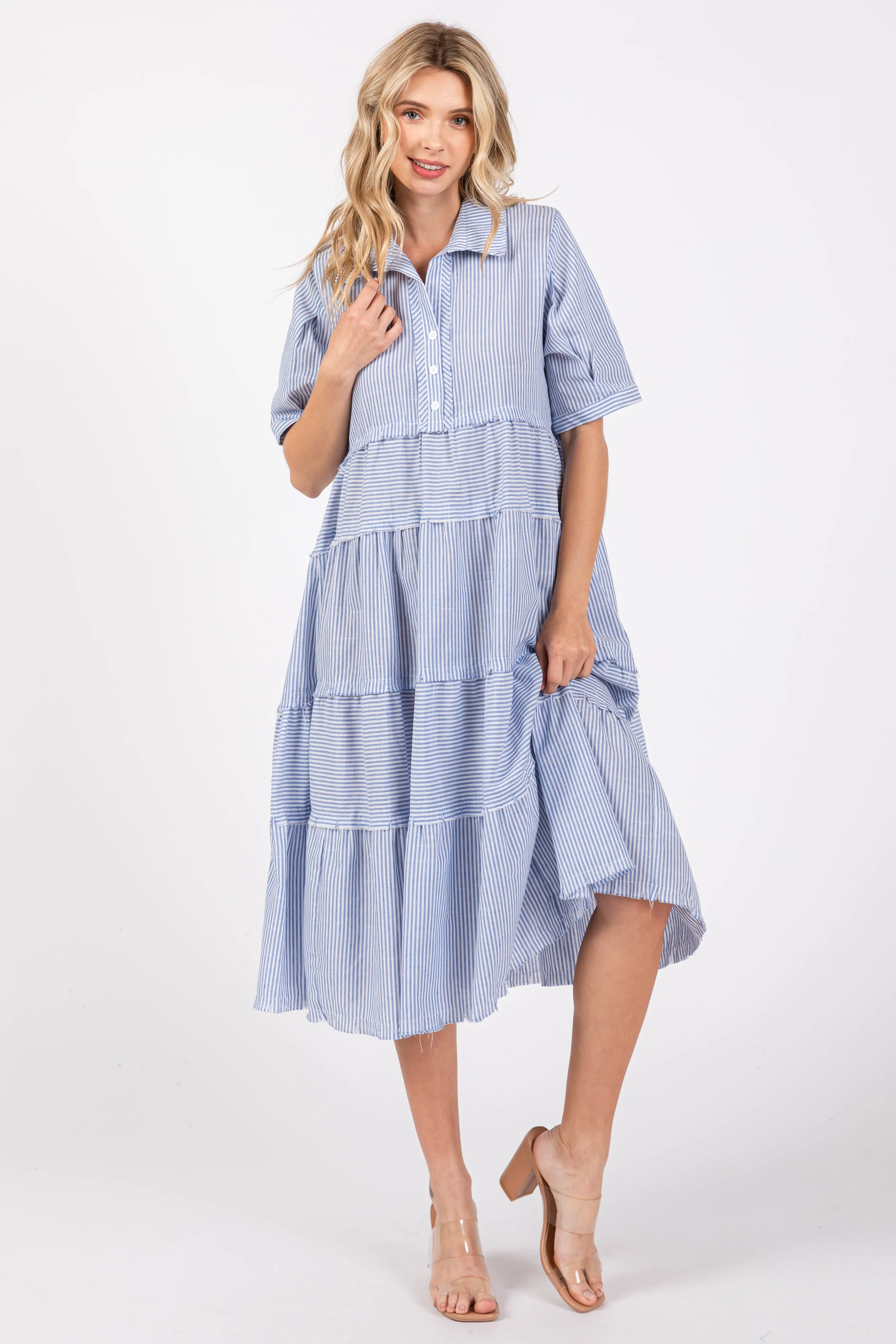 Blue Striped Tiered Raw Hem Midi Dress sold by Pinkblush product image thumbnail 4