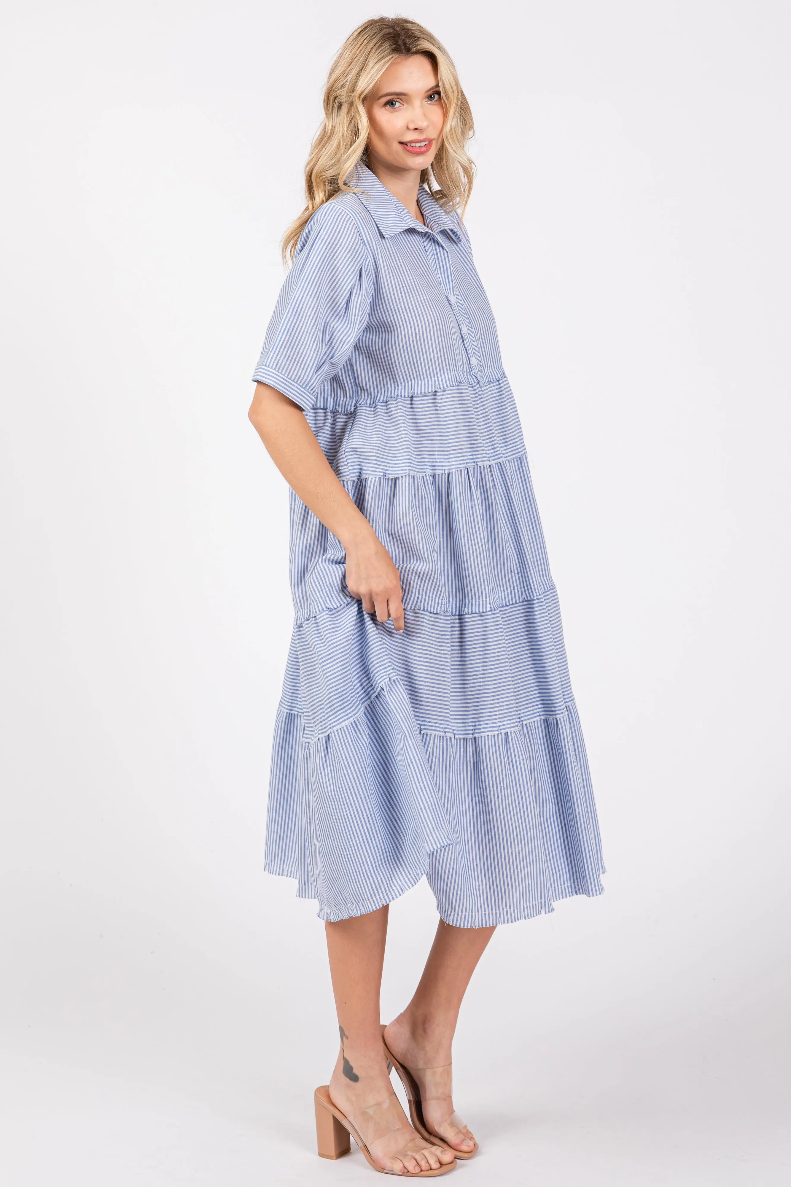 Blue Striped Tiered Raw Hem Midi Dress sold by Pinkblush product image thumbnail 2