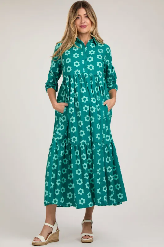 Emerald Floral 3/4 Sleeve Collared Maternity Maxi Dress sold by Pinkblush