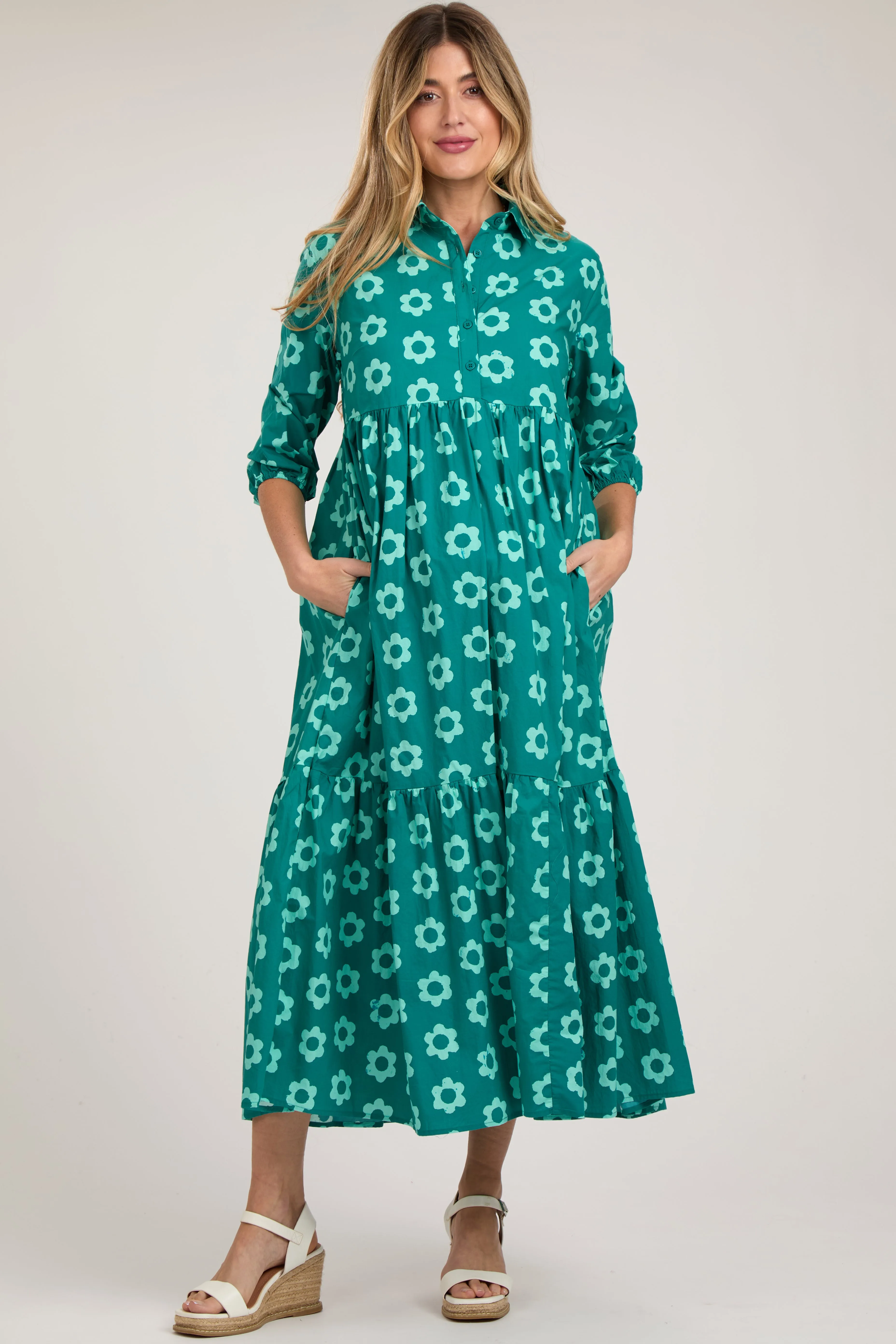 Emerald Floral 3/4 Sleeve Collared Maternity Maxi Dress sold by Pinkblush