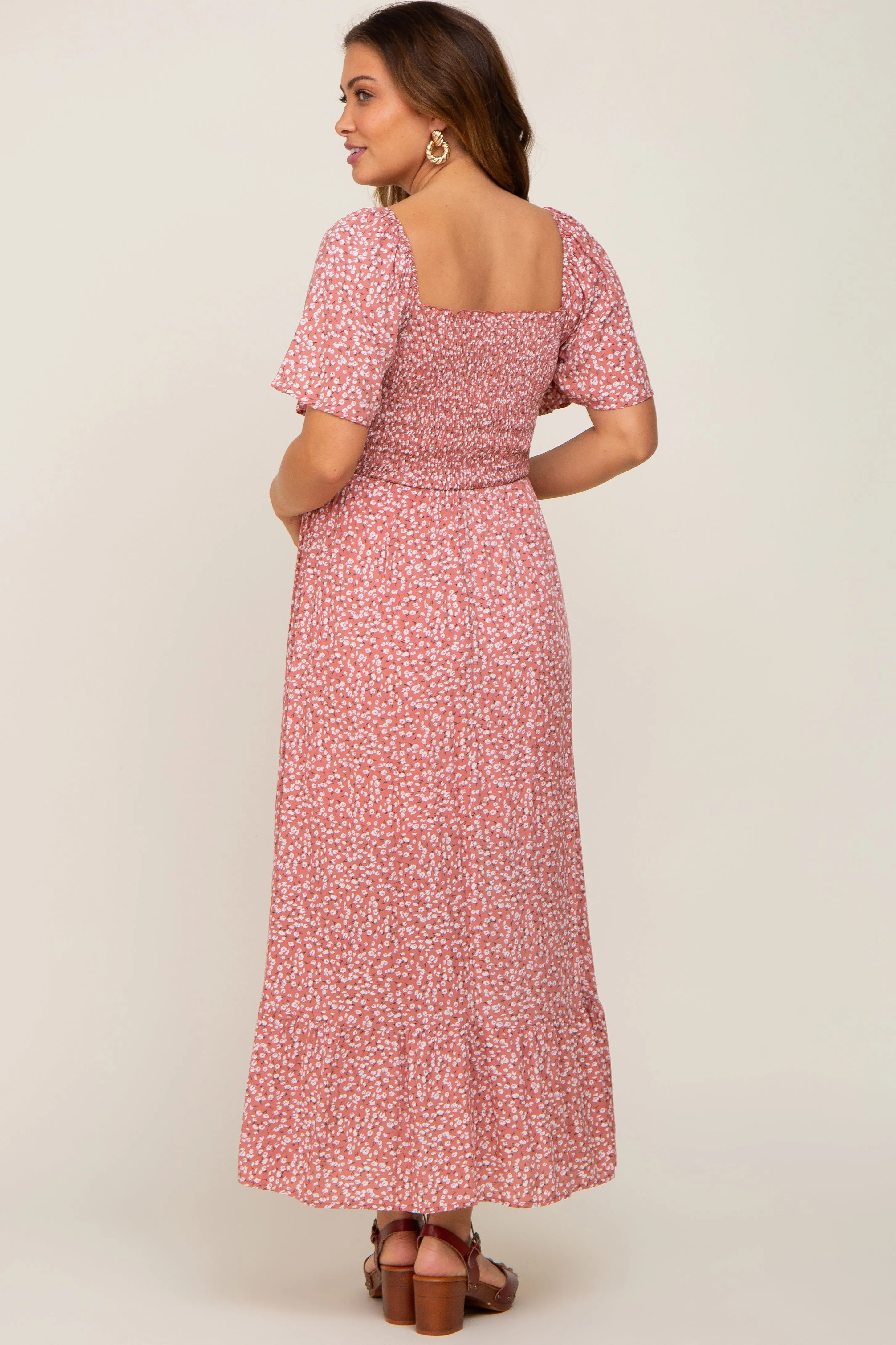 Mauve Floral Smocked Flounce Sleeve Maternity Maxi Dress sold by Pinkblush product image thumbnail 3