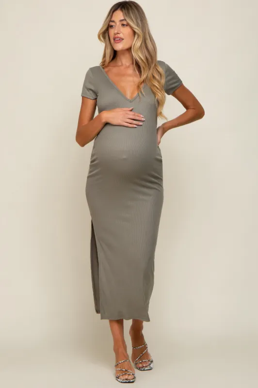 Light Olive Basic Ribbed Side Slit Maternity Midi Dress sold by Pinkblush