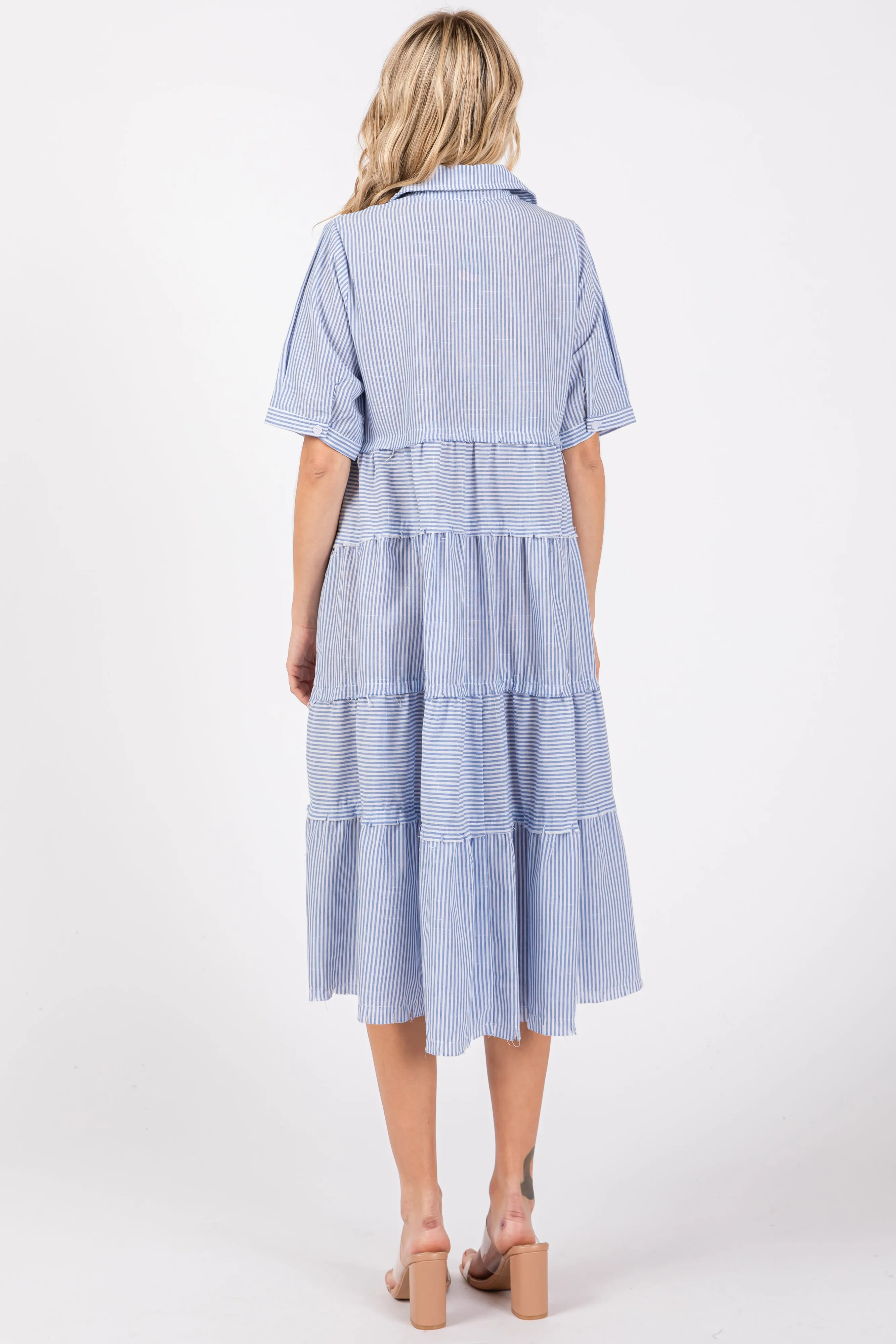Blue Striped Tiered Raw Hem Midi Dress sold by Pinkblush product image thumbnail 3
