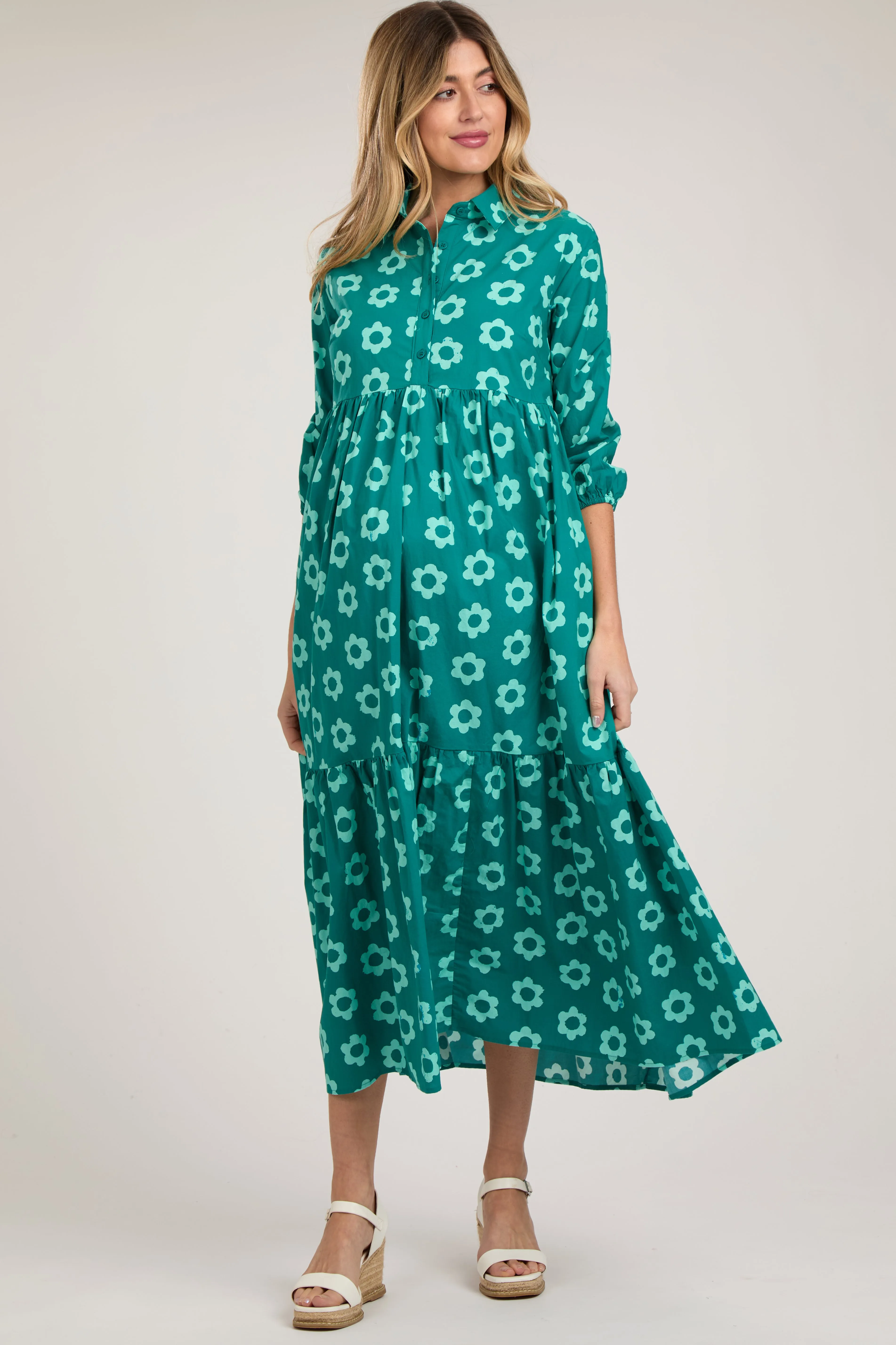 Emerald Floral 3/4 Sleeve Collared Maternity Maxi Dress sold by Pinkblush product image thumbnail 2