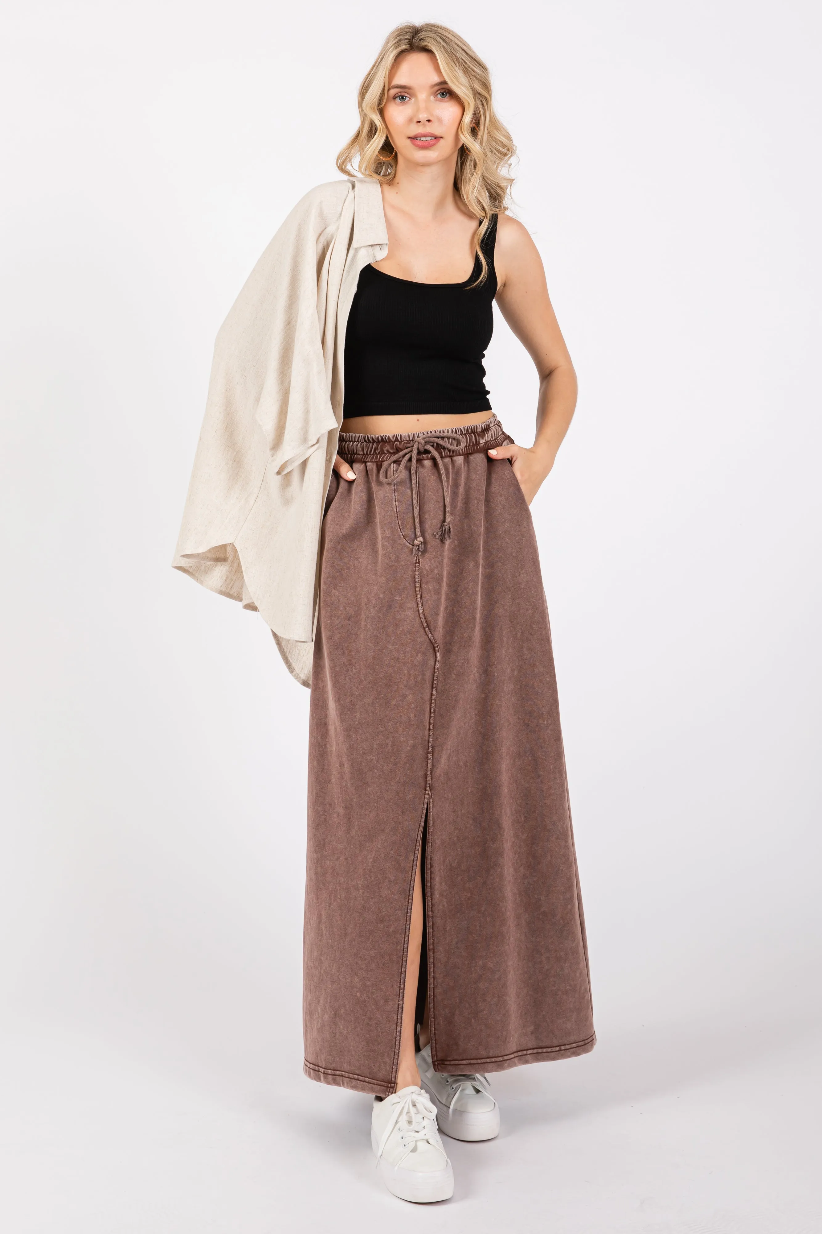 Brown Terry Drawstring Midi Skirt sold by Pinkblush product image thumbnail 4
