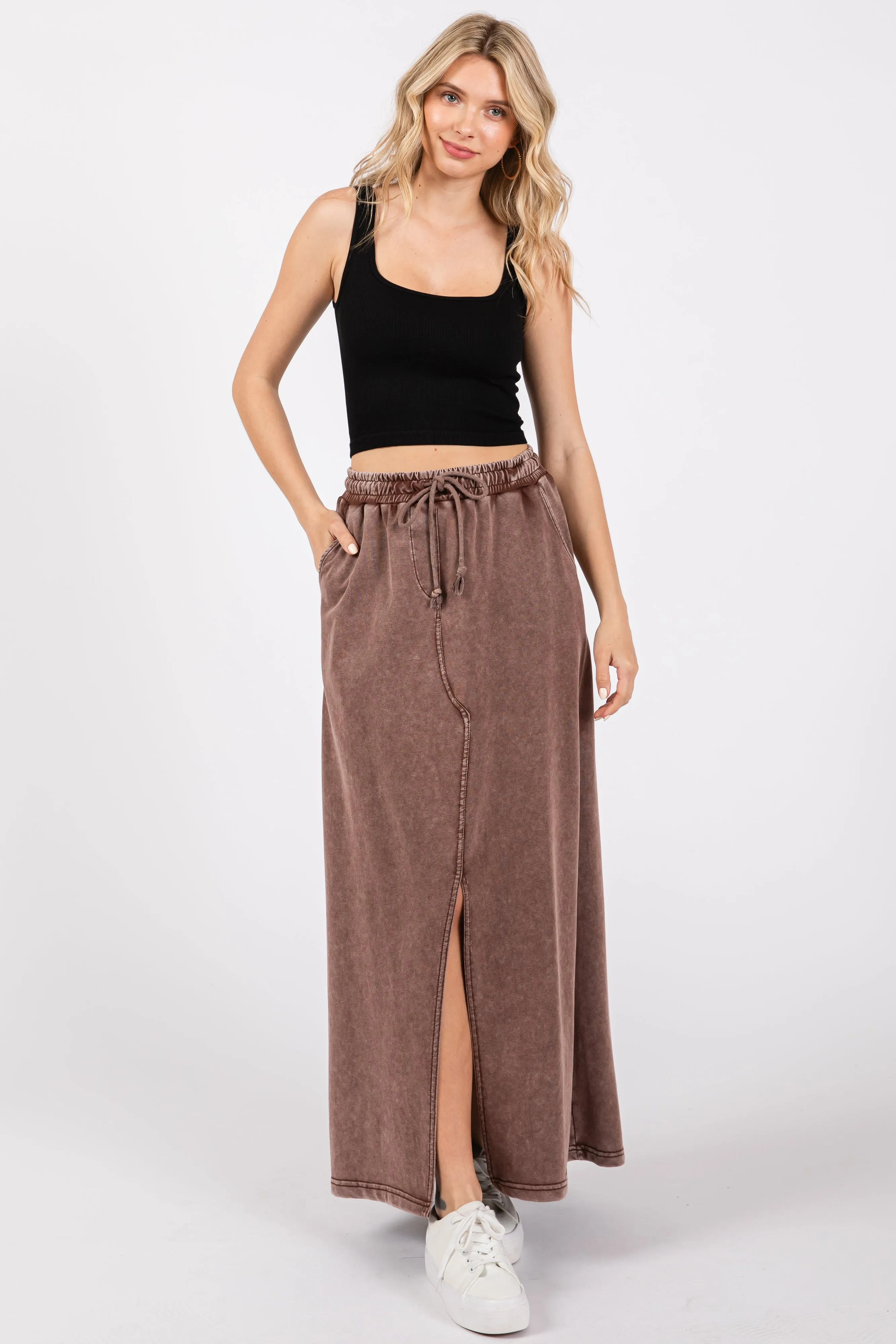 Brown Terry Drawstring Midi Skirt sold by Pinkblush