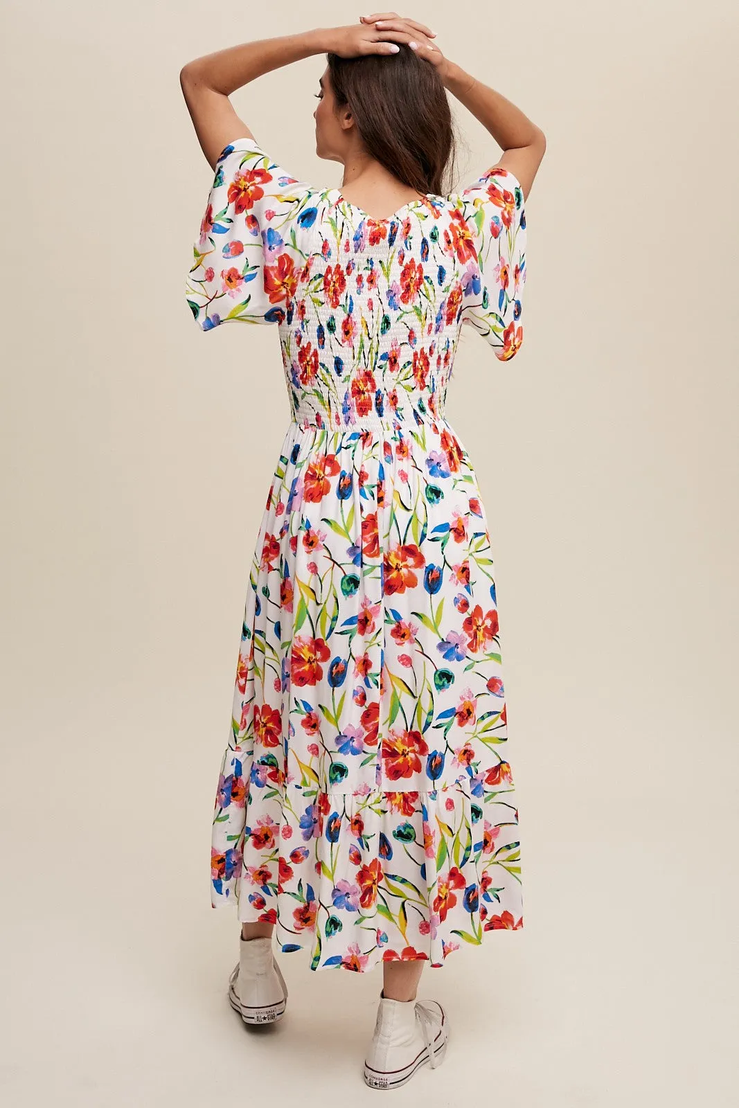 Ivory Floral Flutter Sleeve Smocked Midi Dress sold by Pinkblush product image thumbnail 3