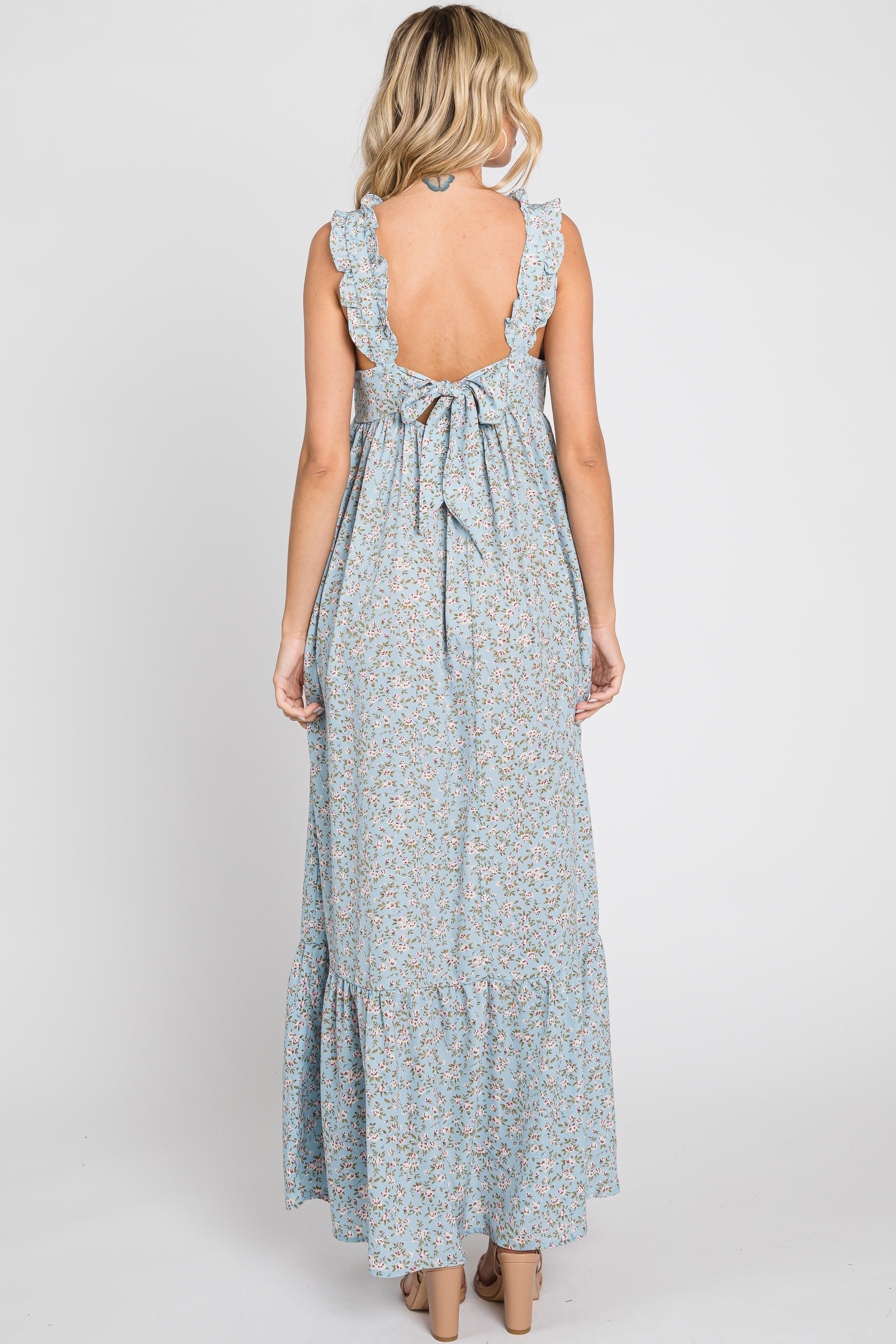 Light Blue Floral Ruffle Trim Maxi Dress sold by Pinkblush product image thumbnail 3