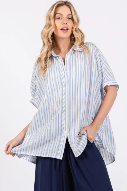 Blue Striped Button Up Collared Short Sleeve Top sold by Pinkblush