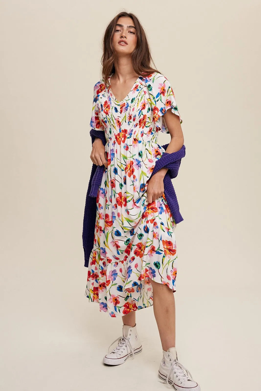 Ivory Floral Flutter Sleeve Smocked Midi Dress sold by Pinkblush