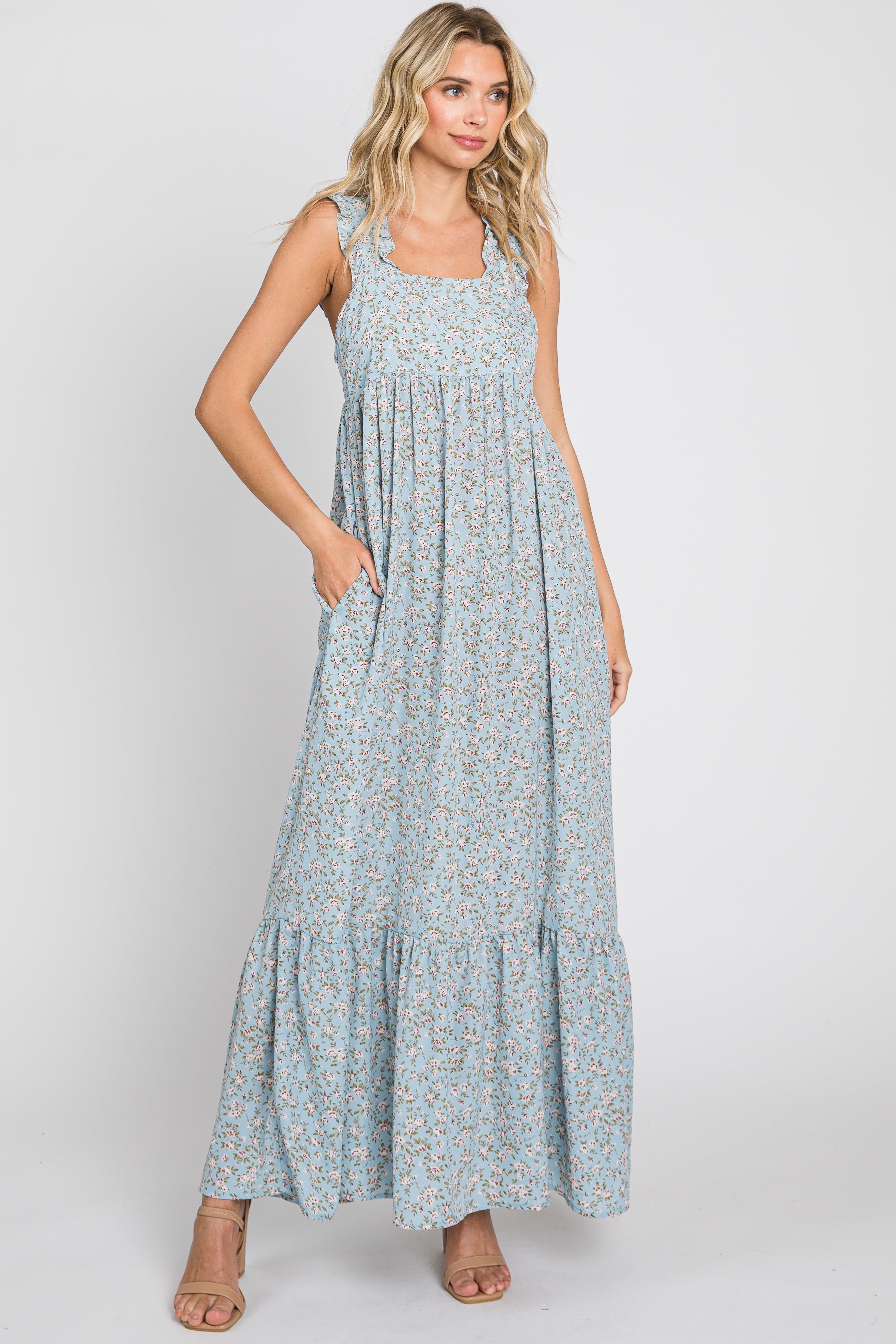 Light Blue Floral Ruffle Trim Maxi Dress sold by Pinkblush