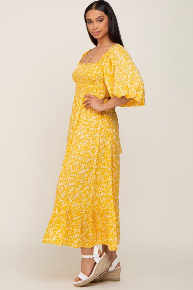 Yellow Floral Smocked Tie Back Midi Dress sold by Pinkblush product image thumbnail 2