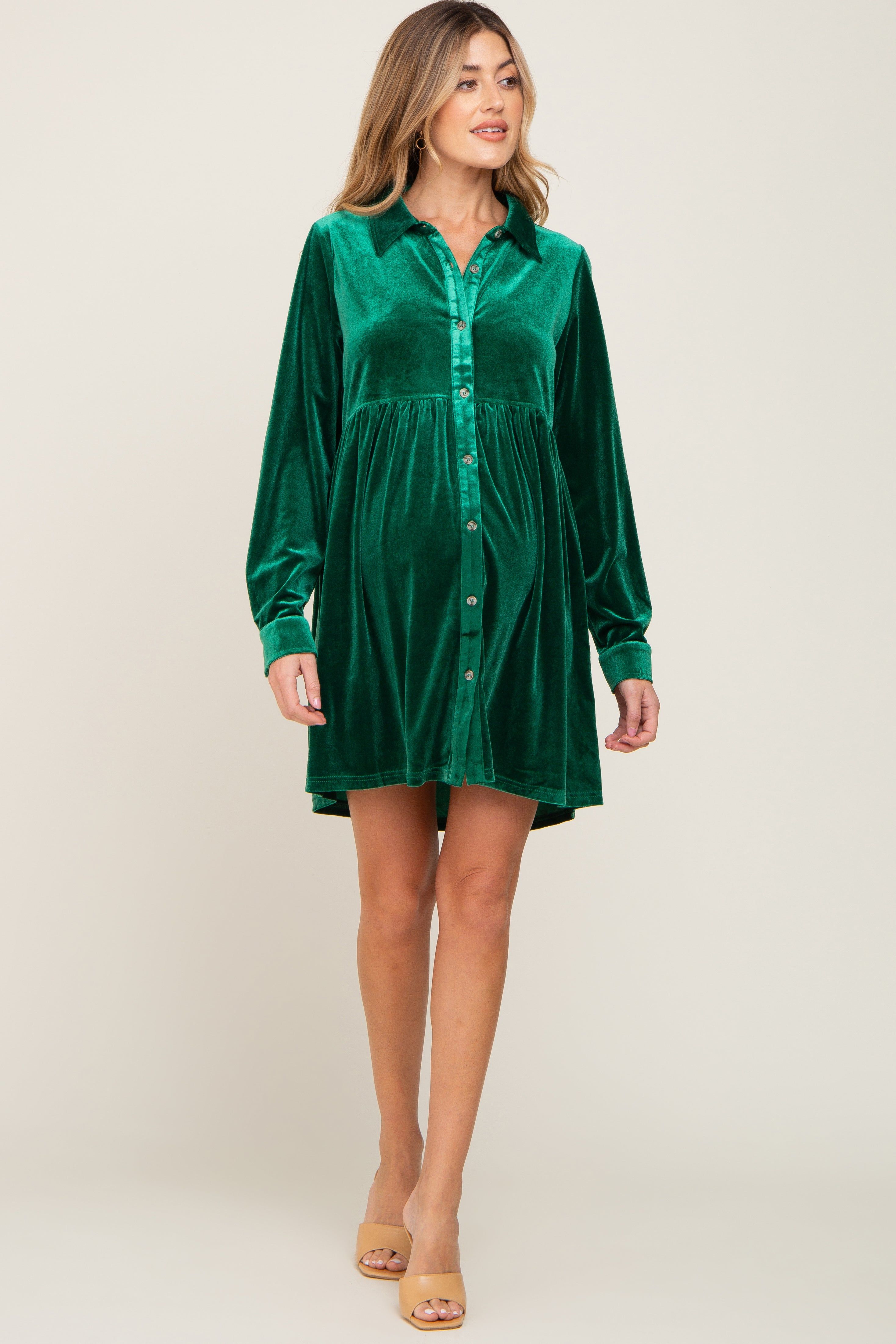 Emerald Green Velvet Button Down Maternity Mini Dress sold by Pinkblush product image thumbnail 4