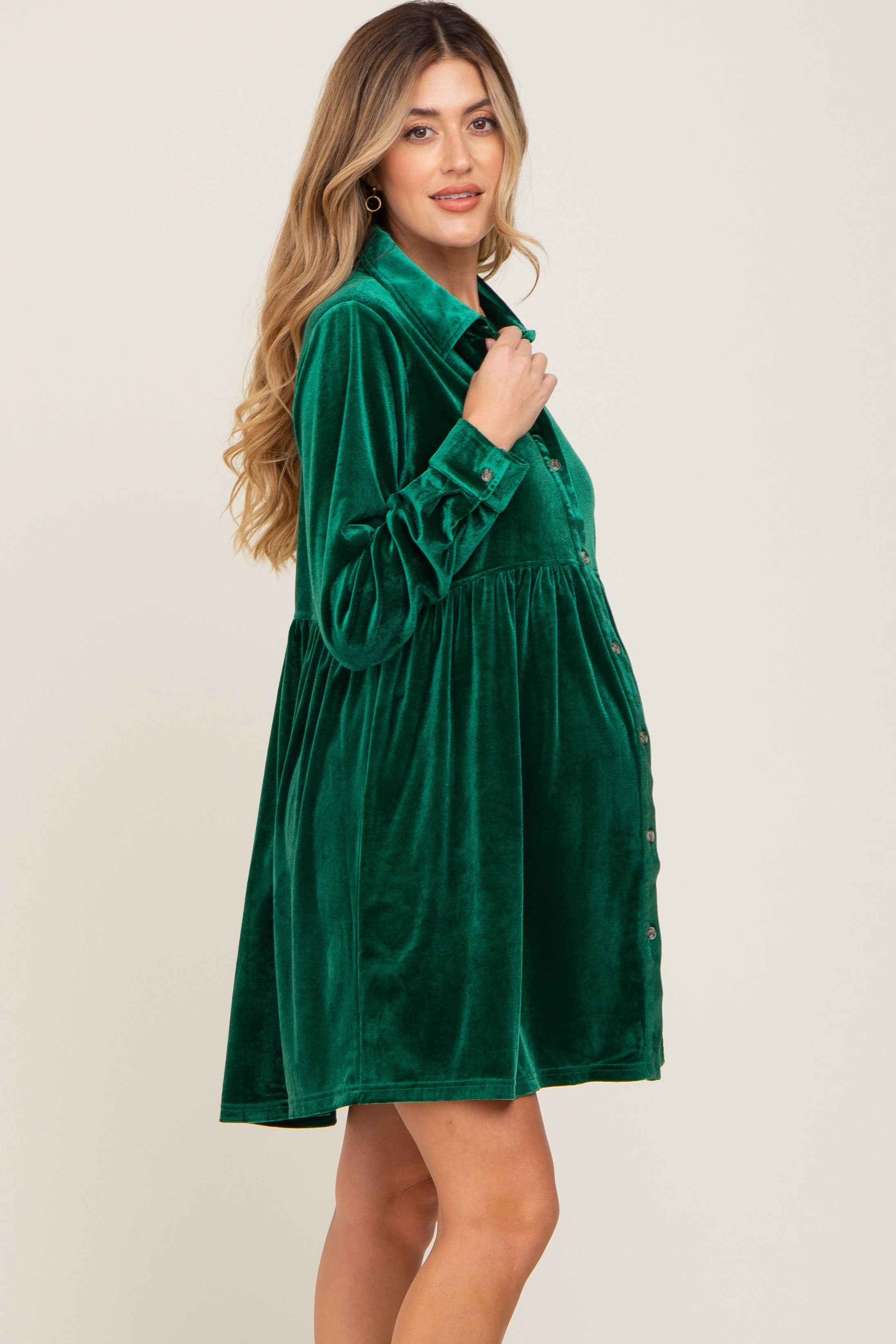 Emerald Green Velvet Button Down Maternity Mini Dress sold by Pinkblush product image thumbnail 2