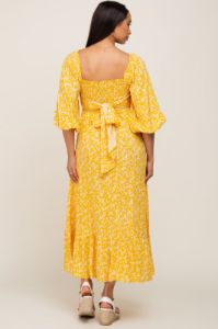 Yellow Floral Smocked Tie Back Midi Dress sold by Pinkblush