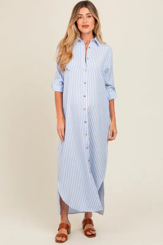 Light Blue Striped Button Down Maternity Maxi Dress sold by Pinkblush