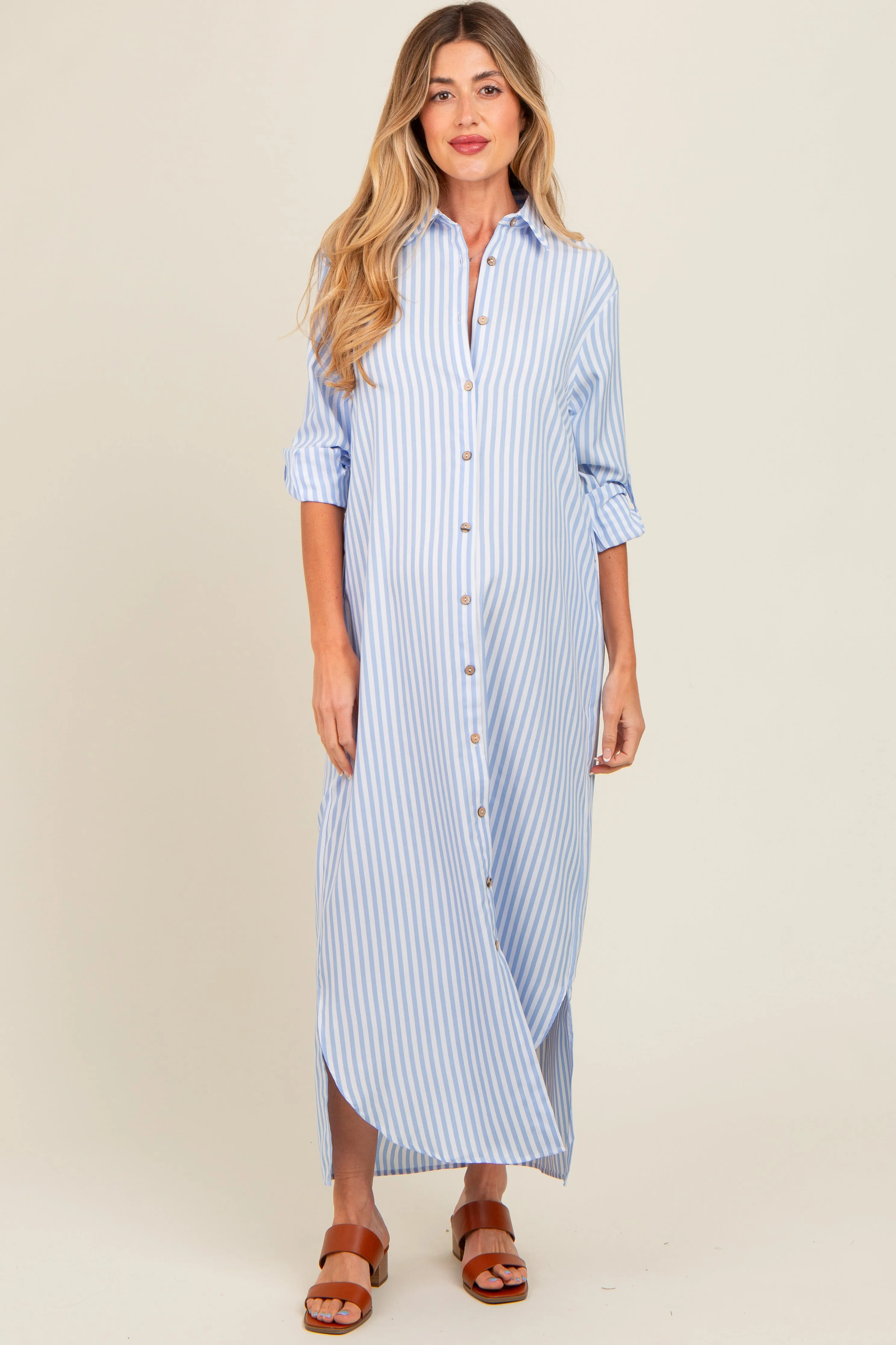 Light Blue Striped Button Down Maternity Maxi Dress sold by Pinkblush