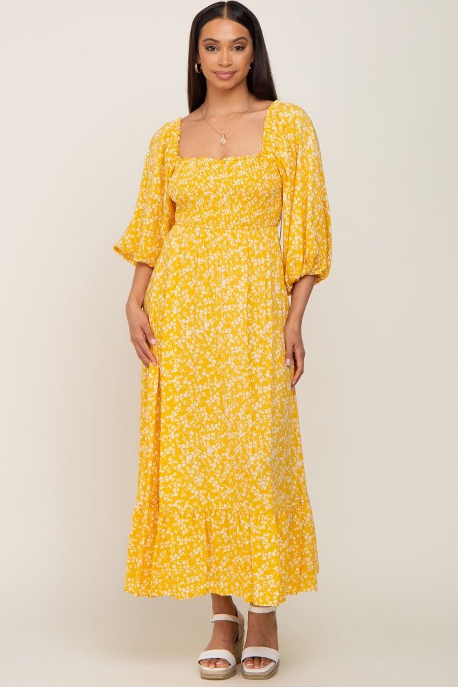 Yellow Floral Smocked Tie Back Midi Dress sold by Pinkblush product image thumbnail 4