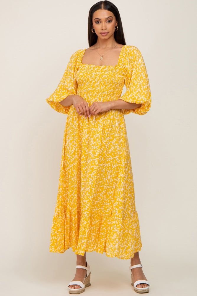 Yellow Floral Smocked Tie Back Midi Dress sold by Pinkblush