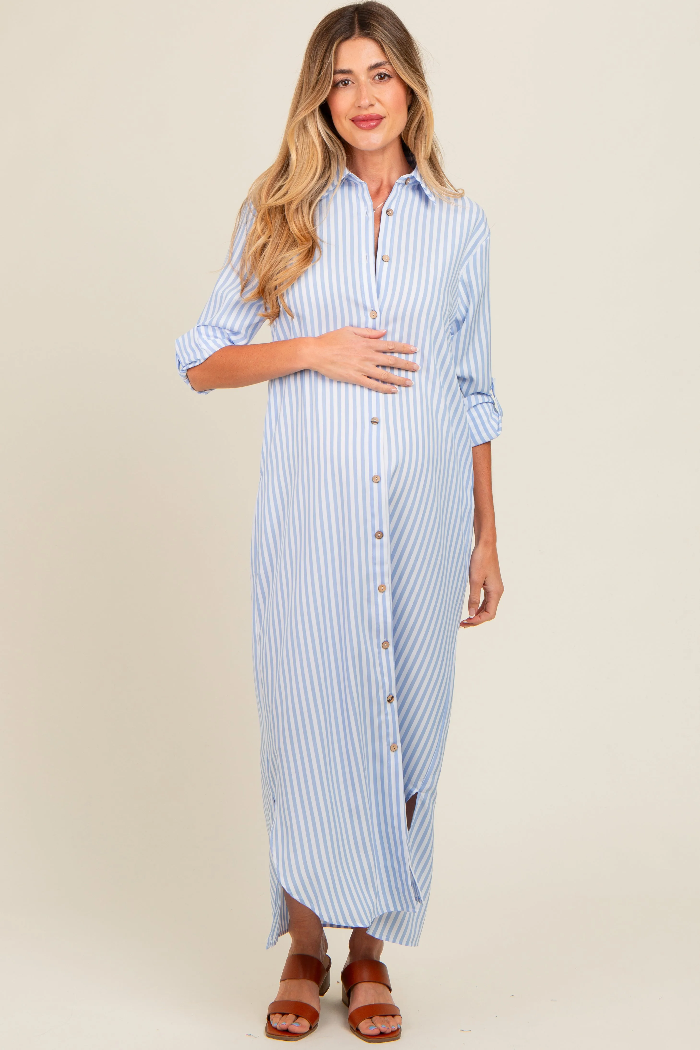 Light Blue Striped Button Down Maternity Maxi Dress sold by Pinkblush product image thumbnail 2