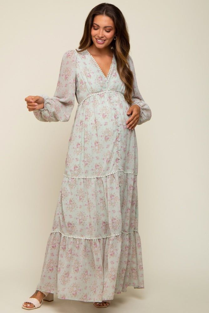Mint Green Floral Button Front Maternity Maxi Dress sold by Pinkblush product image thumbnail 4