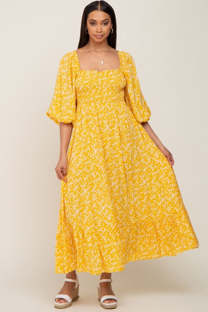 Yellow Floral Smocked Tie Back Midi Dress sold by Pinkblush product image thumbnail 5