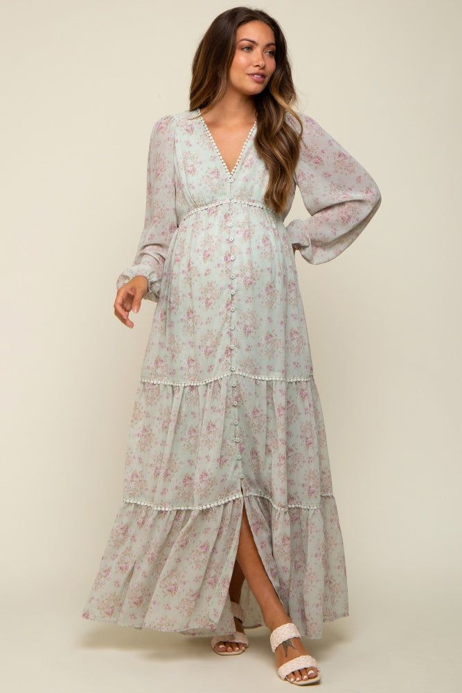 Mint Green Floral Button Front Maternity Maxi Dress sold by Pinkblush