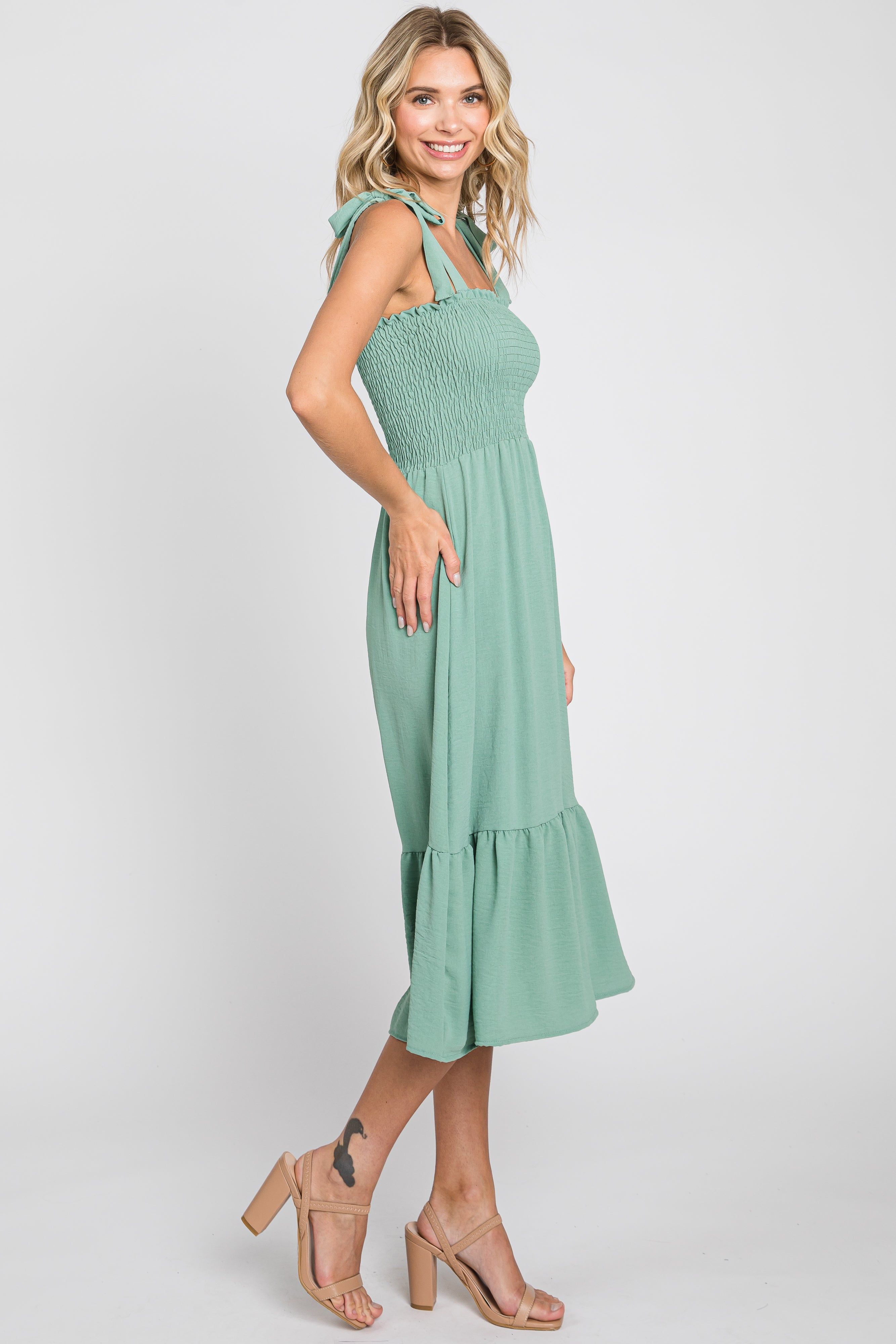 Sage Smocked Shoulder Tie Midi Dress sold by Pinkblush product image thumbnail 2