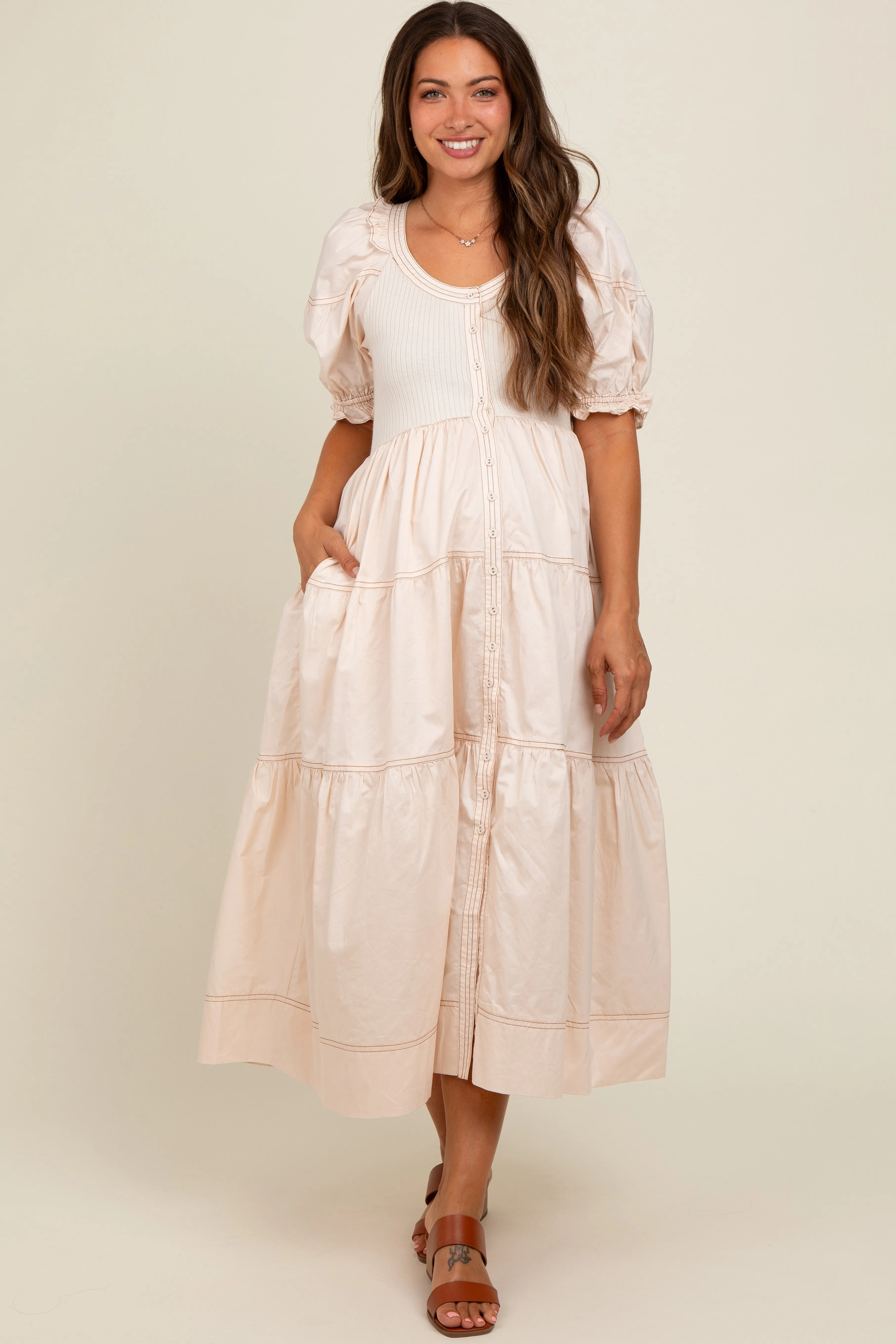 Cream Contrast Top Tiered Maternity Midi Dress sold by Pinkblush