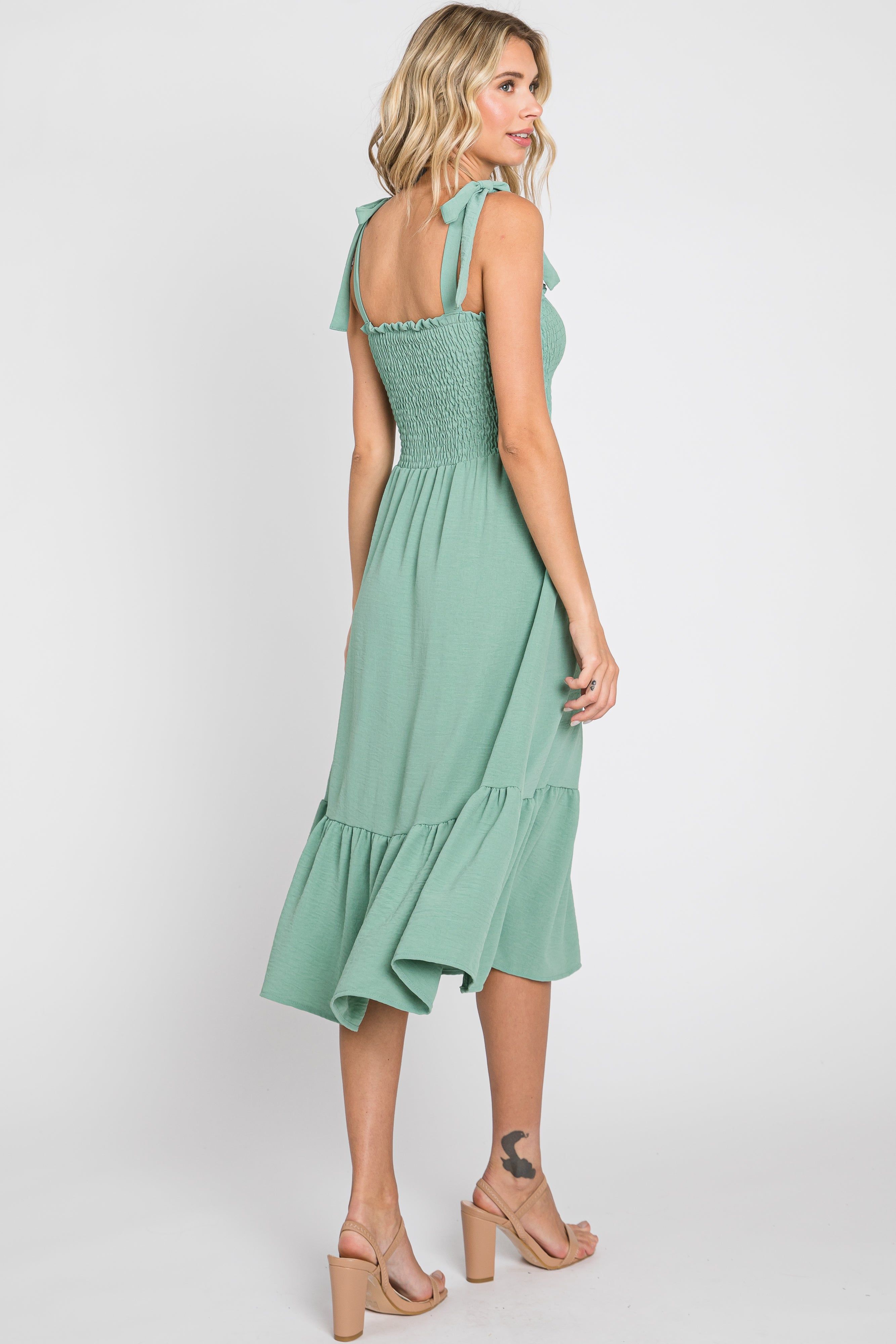 Sage Smocked Shoulder Tie Midi Dress sold by Pinkblush product image thumbnail 3