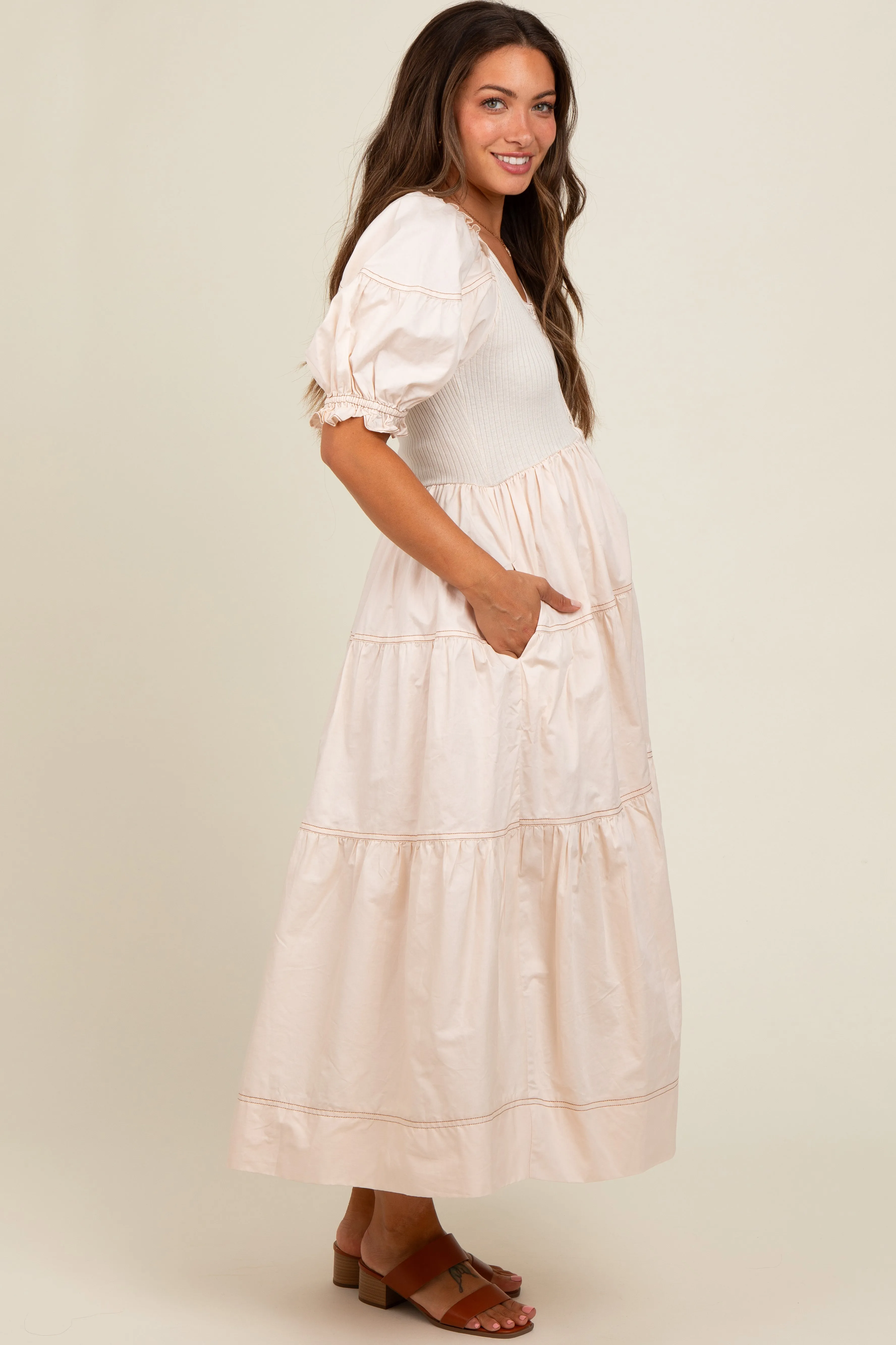 Cream Contrast Top Tiered Maternity Midi Dress sold by Pinkblush product image thumbnail 2