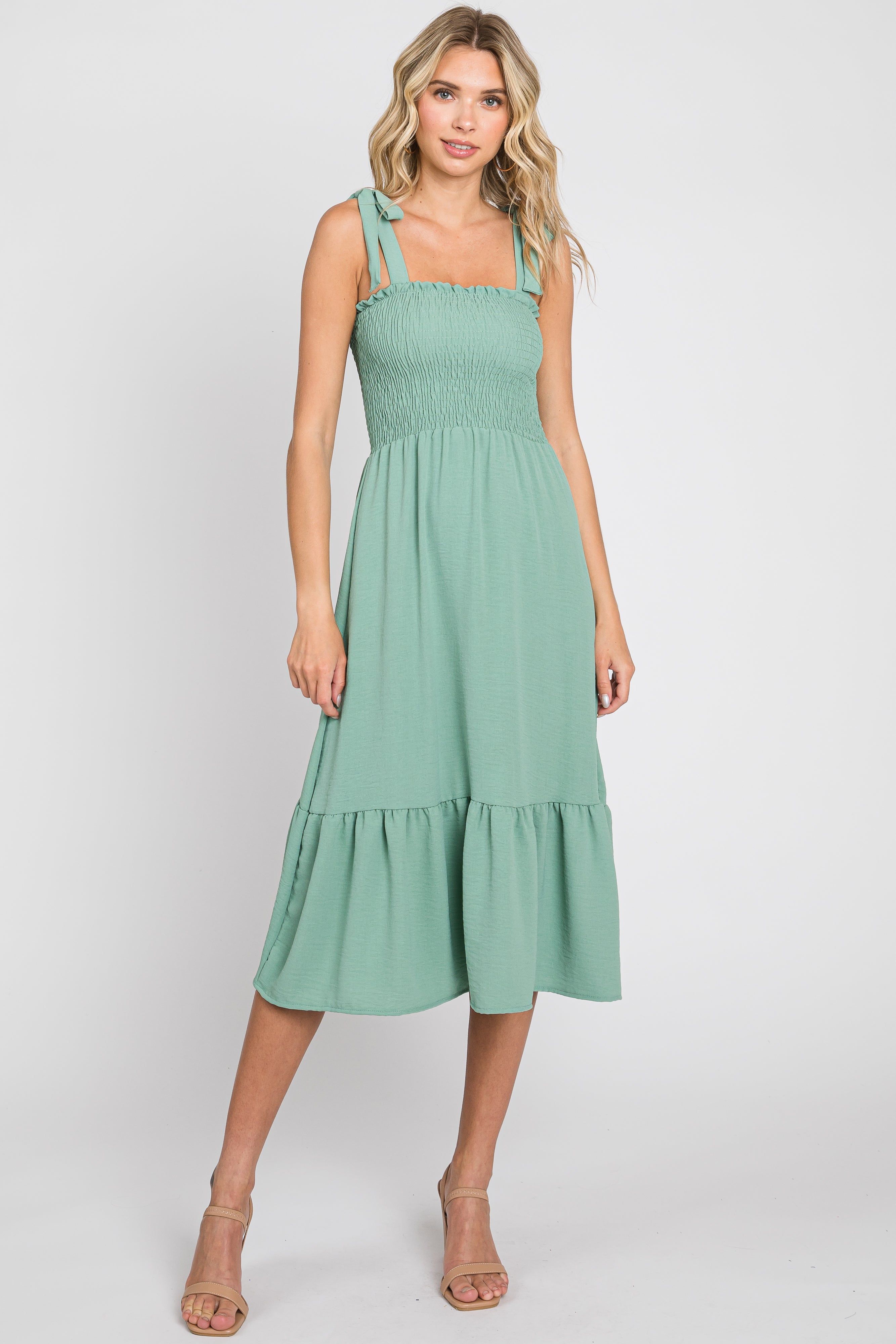 Sage Smocked Shoulder Tie Midi Dress sold by Pinkblush
