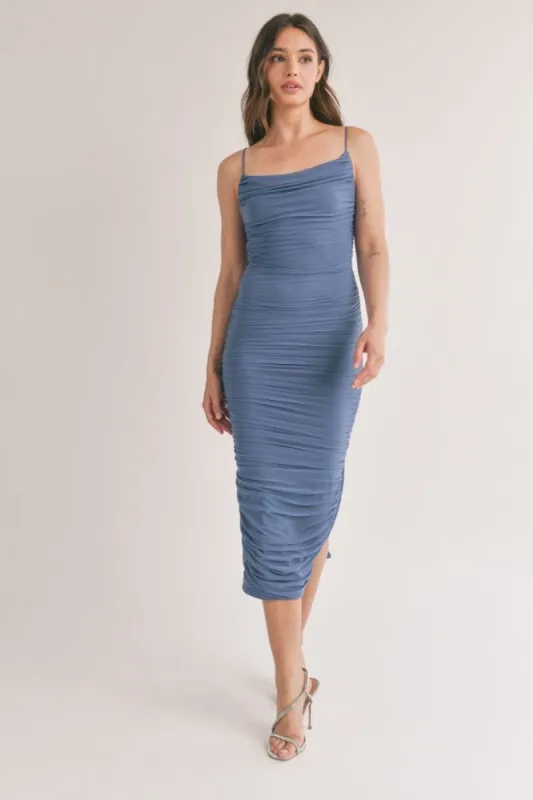 Blue Mesh Ruched Side Slit Midi Dress sold by Pinkblush