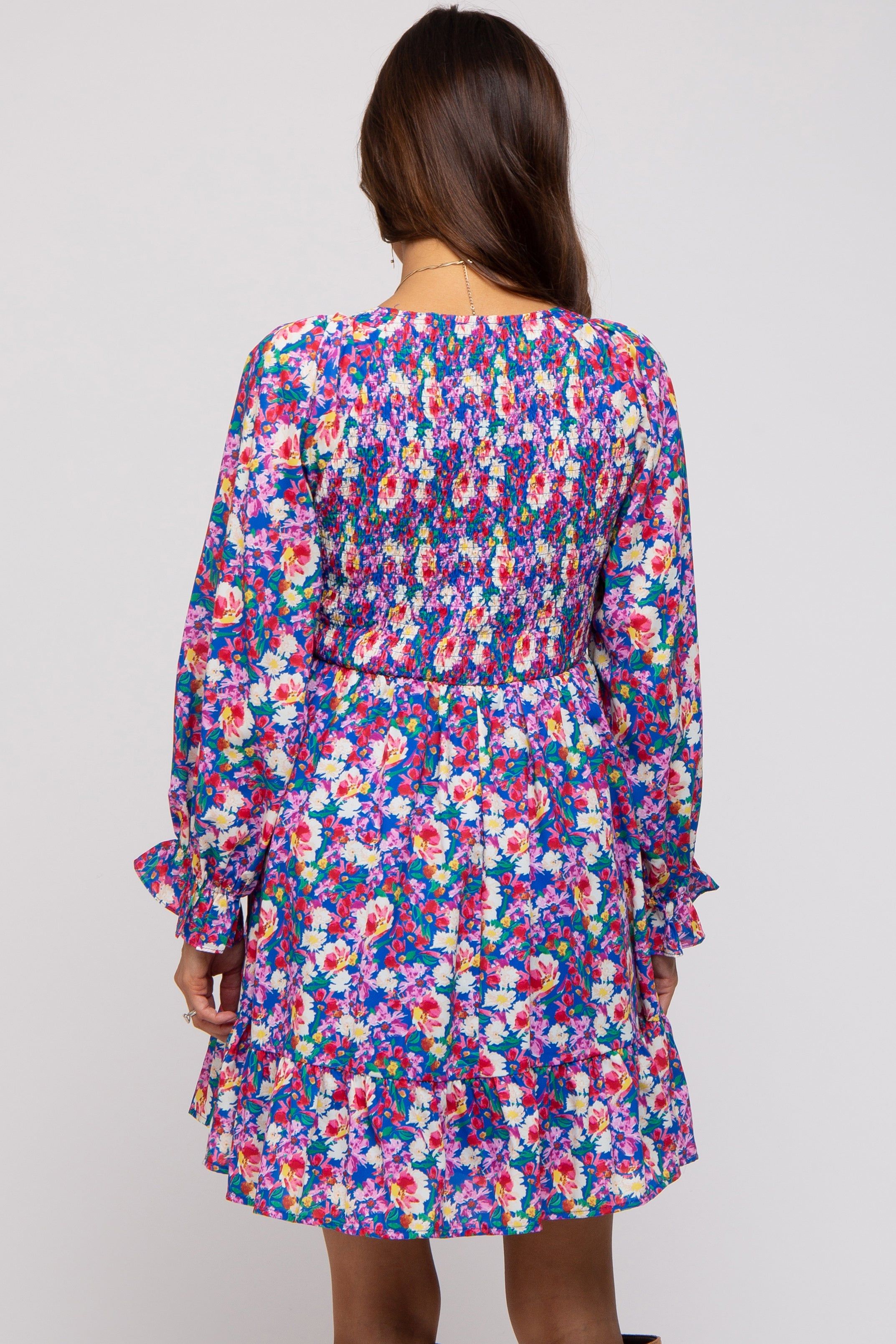 Royal Blue Floral Smocked V-Neck Maternity Dress sold by Pinkblush product image thumbnail 4