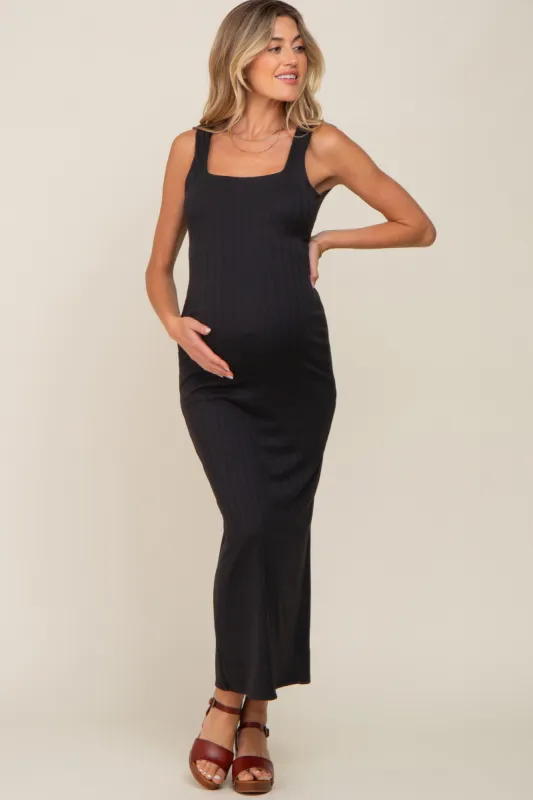 Black Ribbed Square Neck Low Scoop Back Maternity Midi Dress sold by Pinkblush