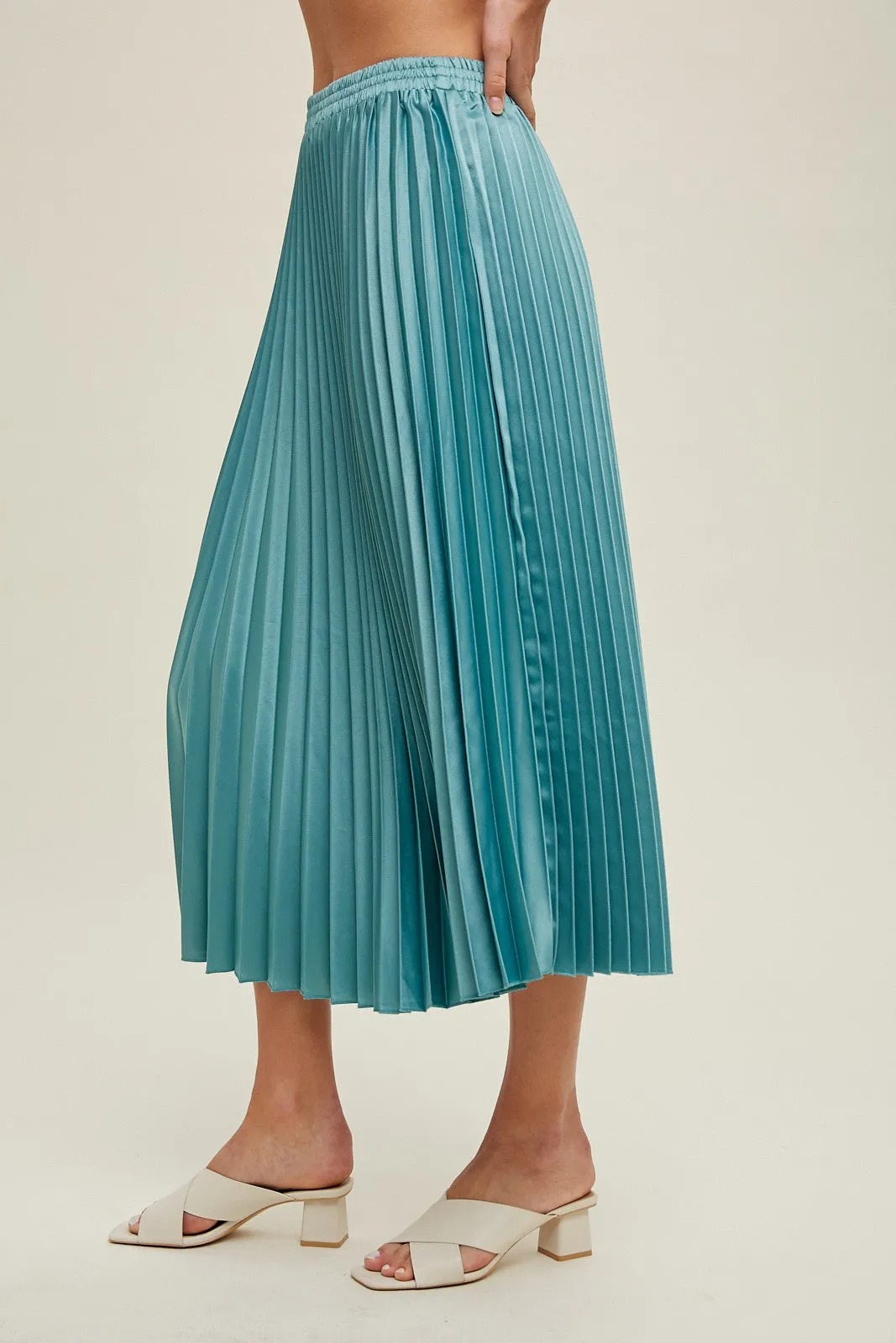 Aqua Satin Pleated Midi Skirt sold by Pinkblush product image thumbnail 3