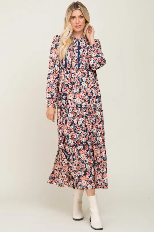 Navy Floral Pleated Front Button Maxi Dress sold by Pinkblush