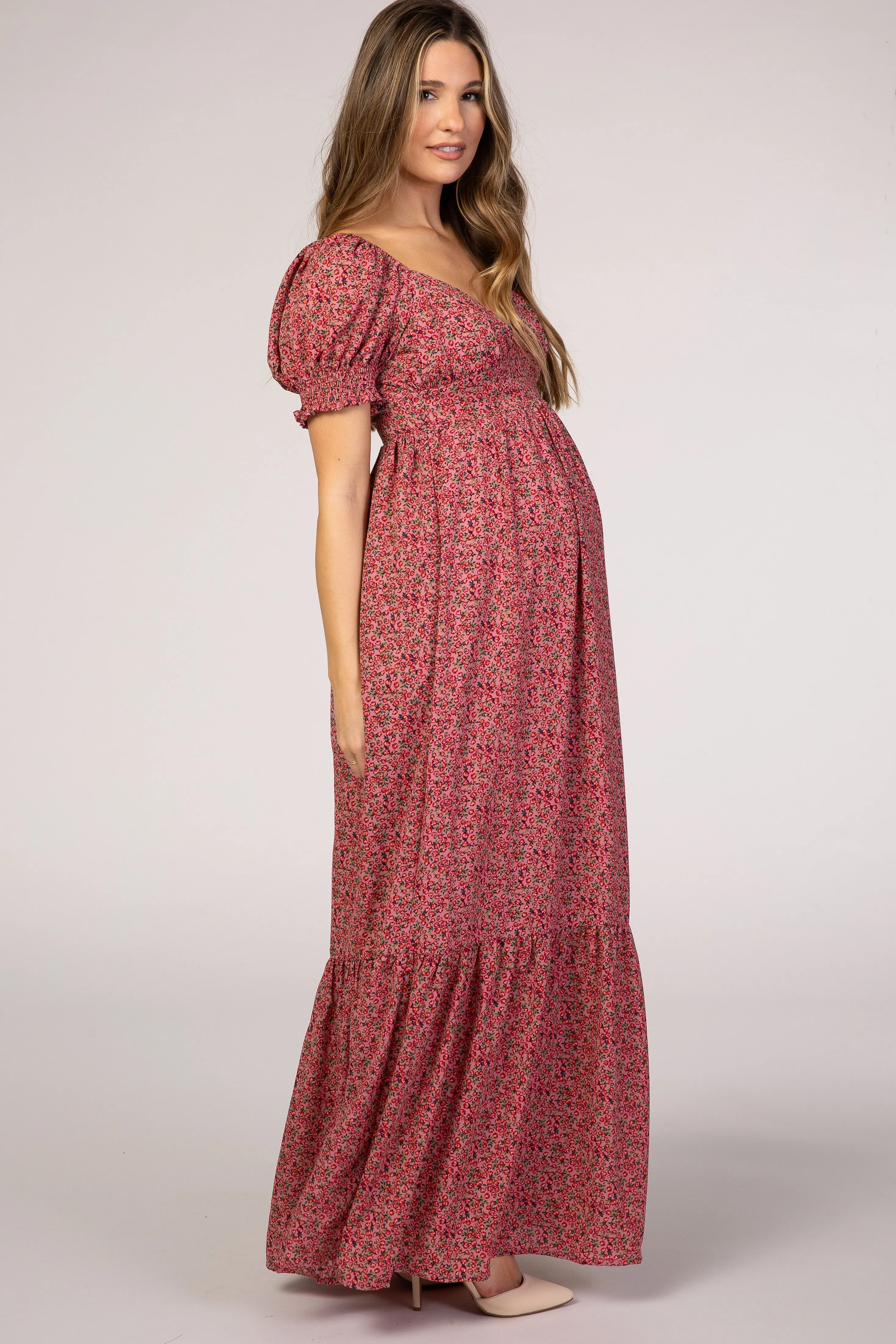Pink Floral Puff Sleeve Maternity Maxi Dress sold by Pinkblush product image thumbnail 3