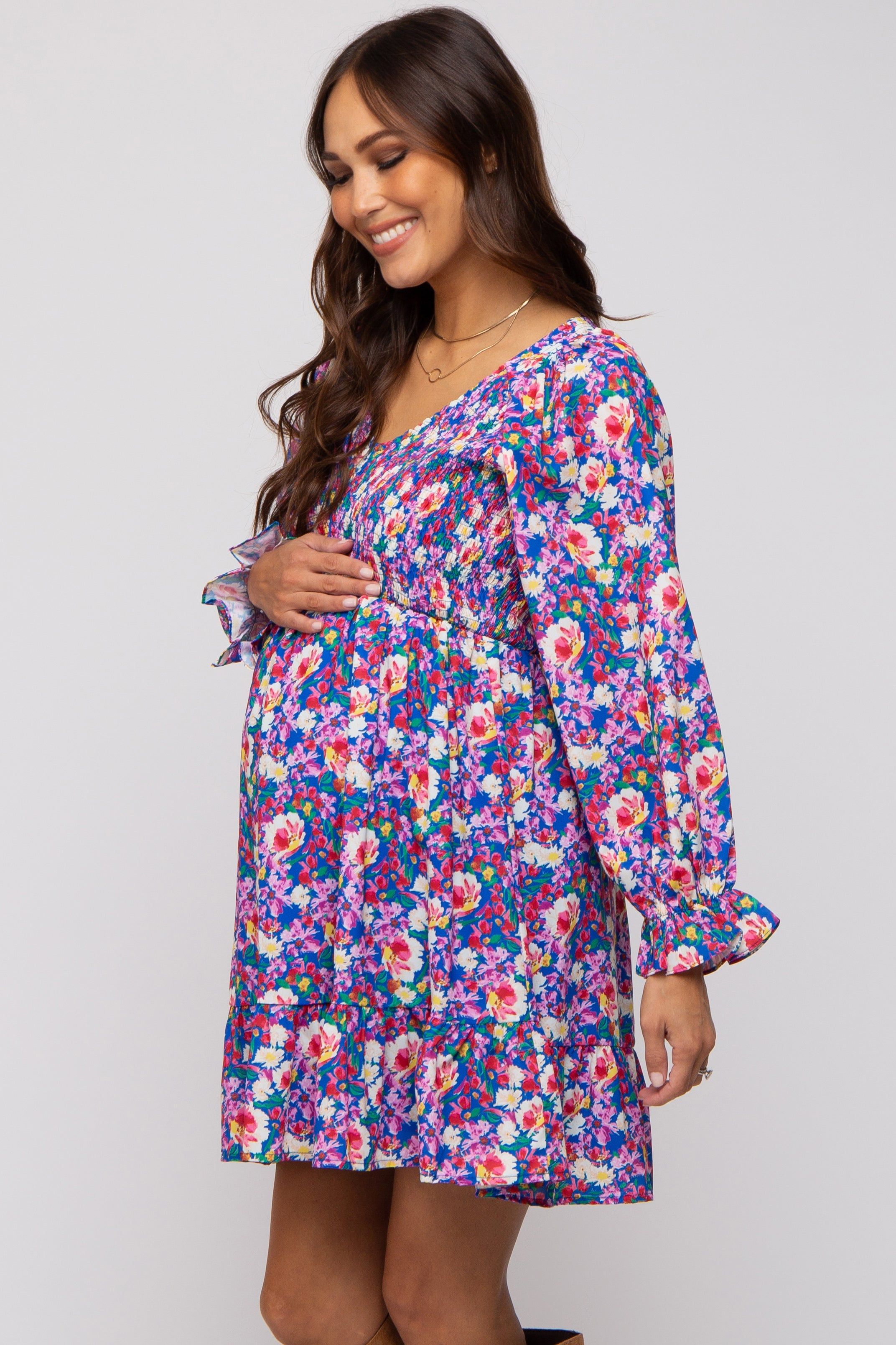 Royal Blue Floral Smocked V-Neck Maternity Dress sold by Pinkblush product image thumbnail 3