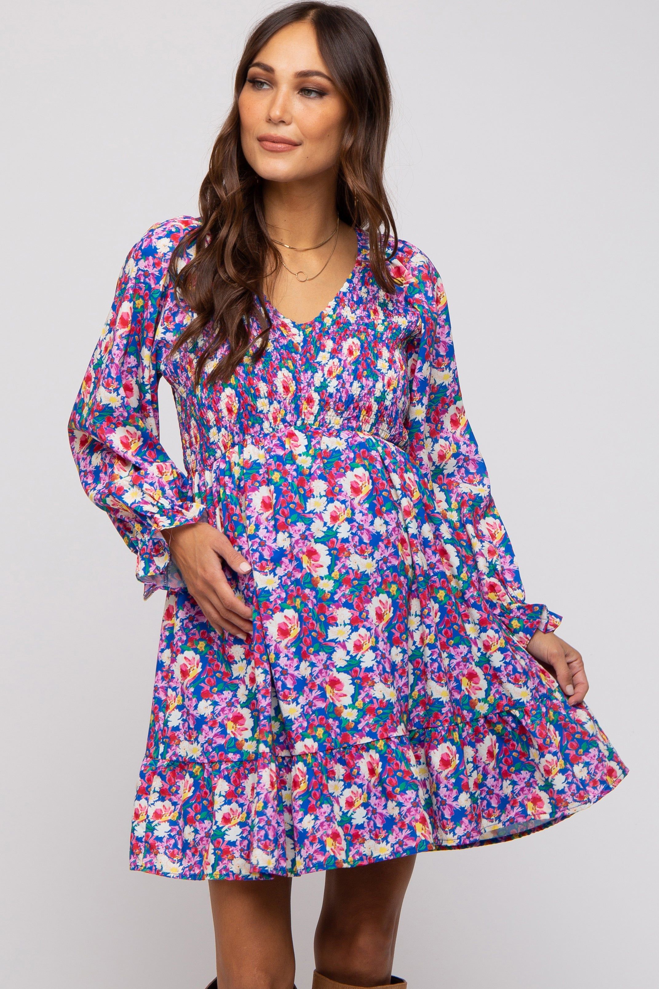 Royal Blue Floral Smocked V-Neck Maternity Dress sold by Pinkblush