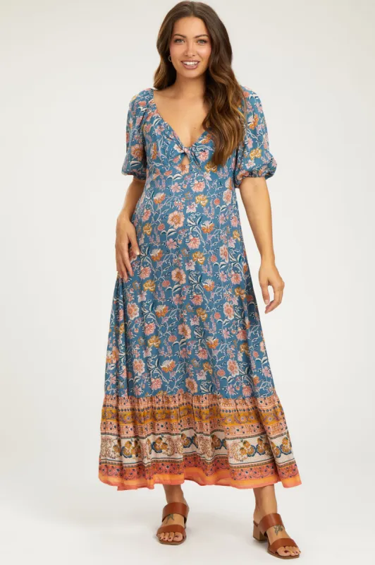 Blue Floral Front Twist Maternity Midi Dress sold by Pinkblush