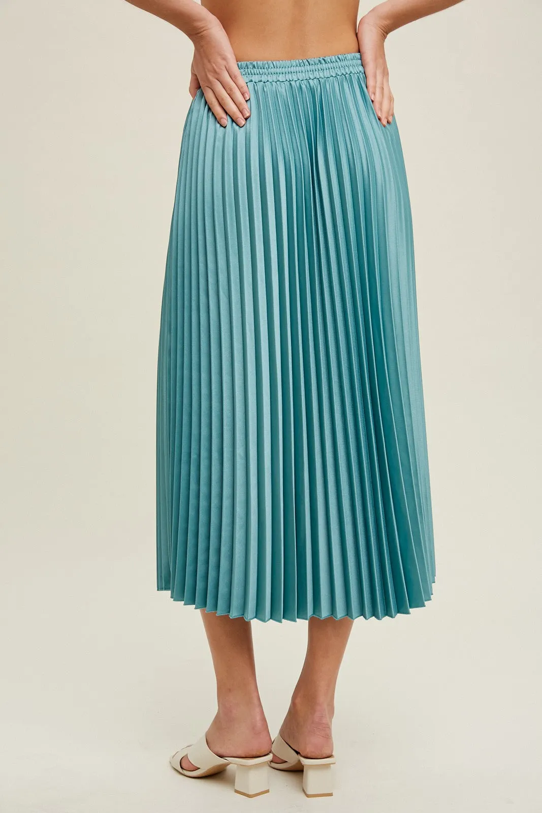 Aqua Satin Pleated Midi Skirt sold by Pinkblush product image thumbnail 4