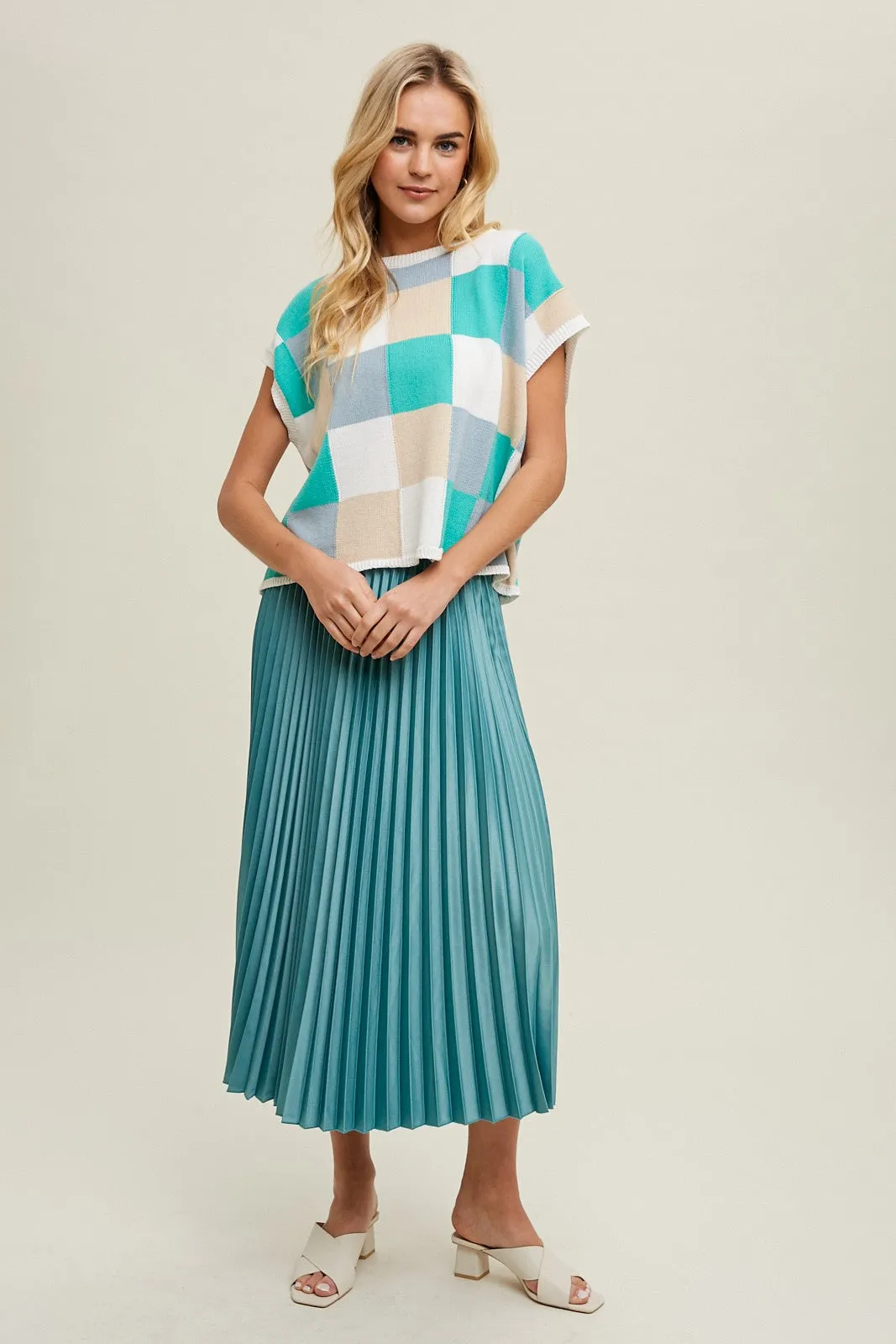 Aqua Satin Pleated Midi Skirt sold by Pinkblush