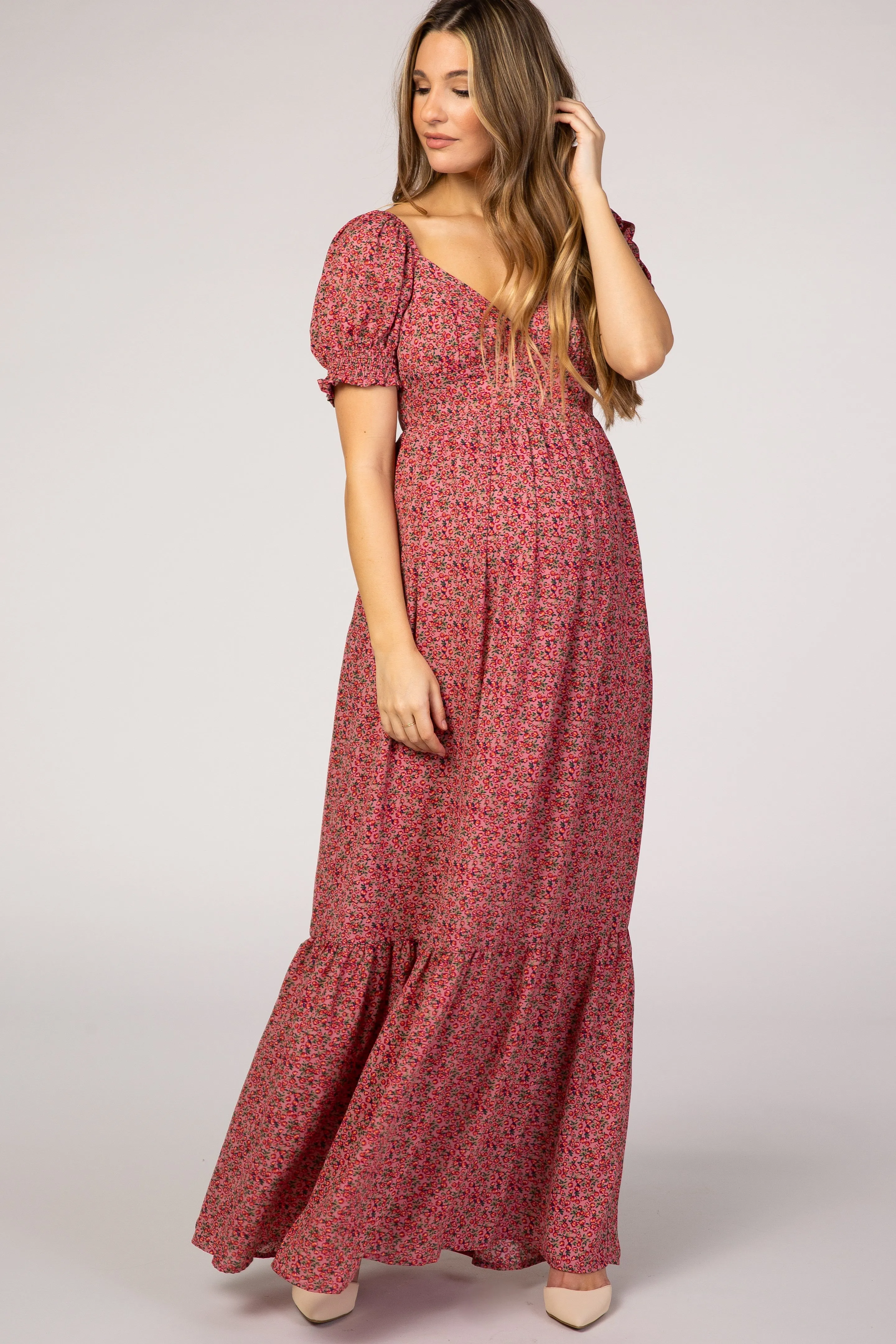 Pink Floral Puff Sleeve Maternity Maxi Dress sold by Pinkblush